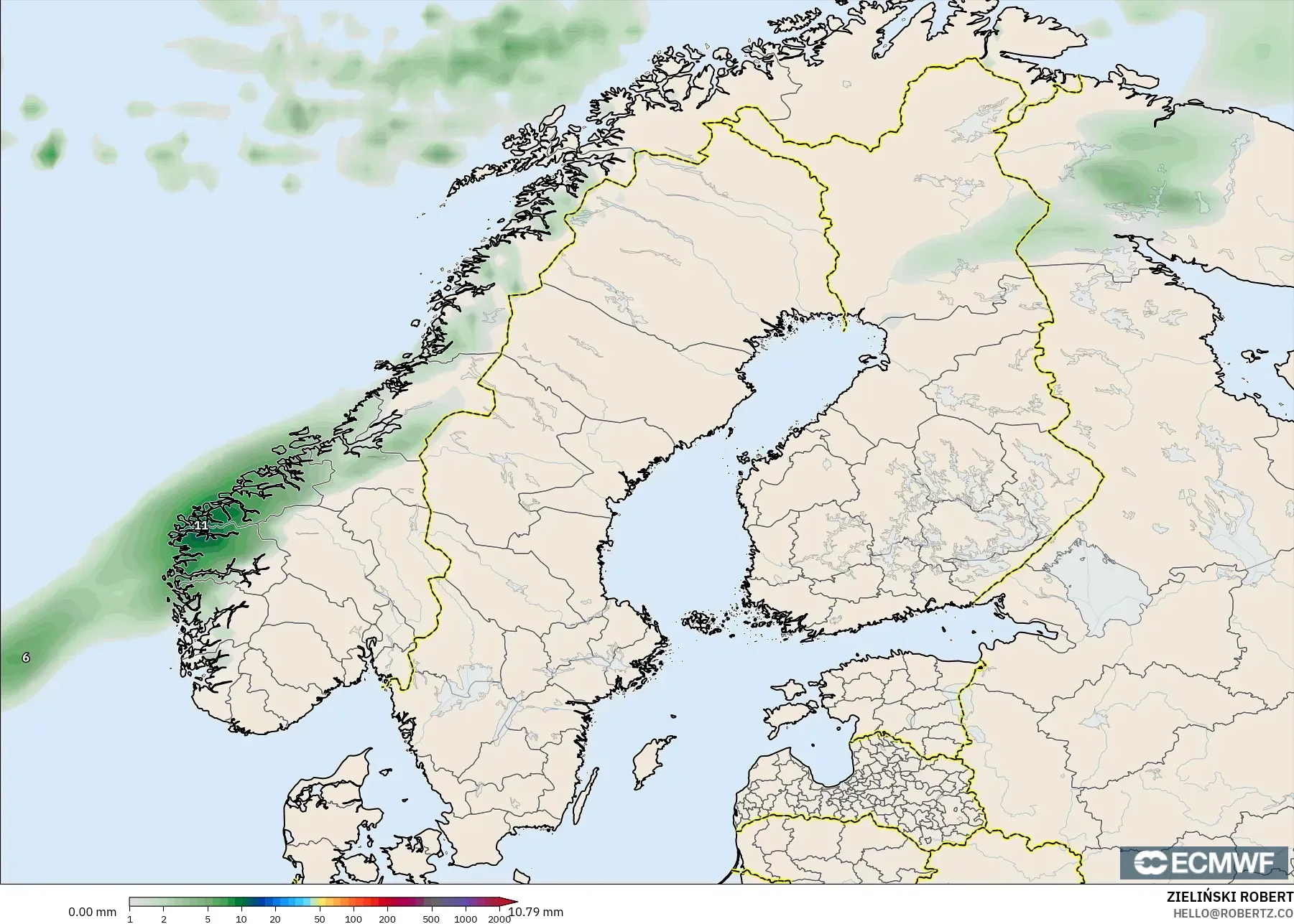 ECMWF IFS 0.25° modelo - Escandinavia, Acumulación de precipitación