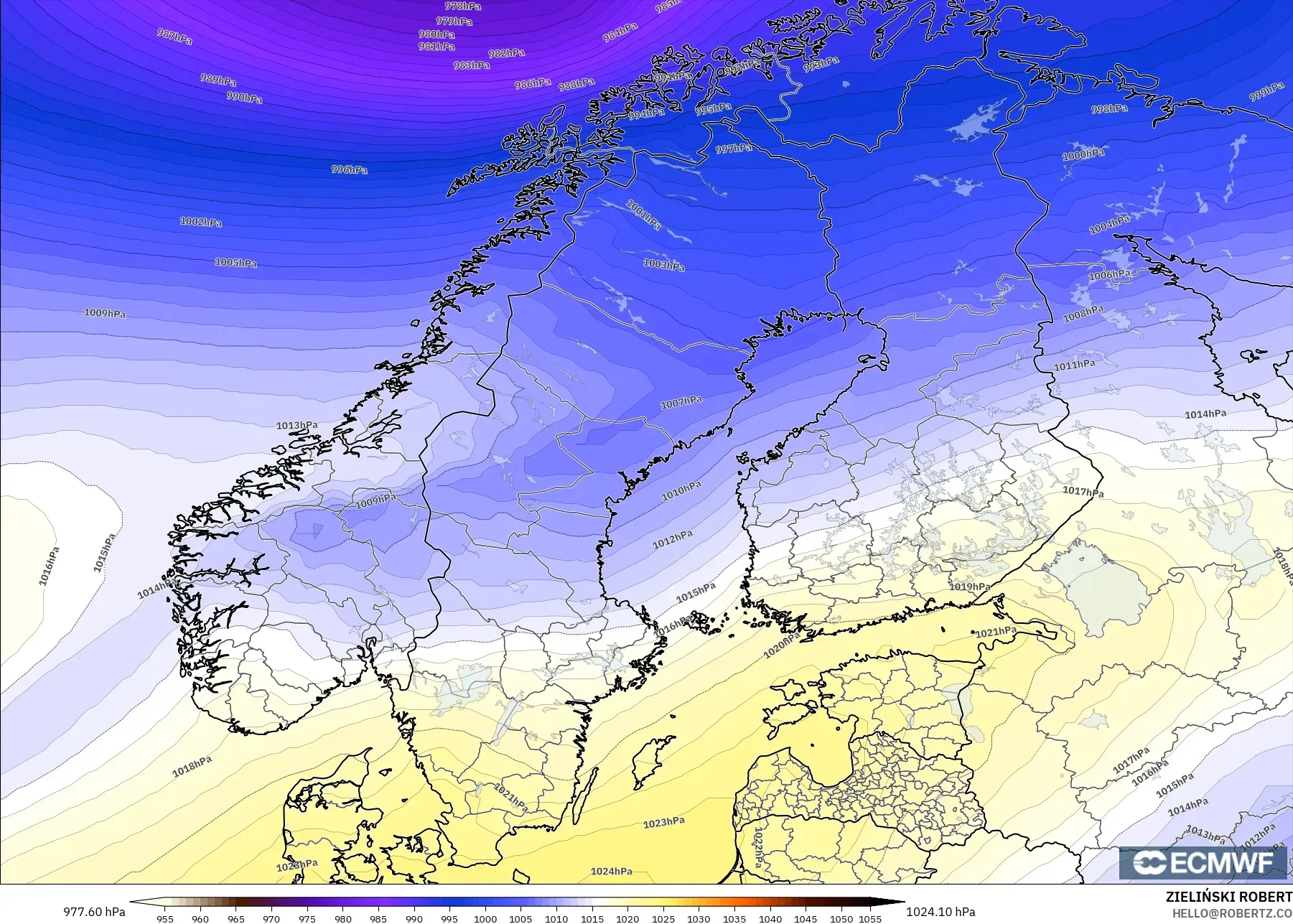 ECMWF IFS 0.25° modelo - Escandinavia, Presión