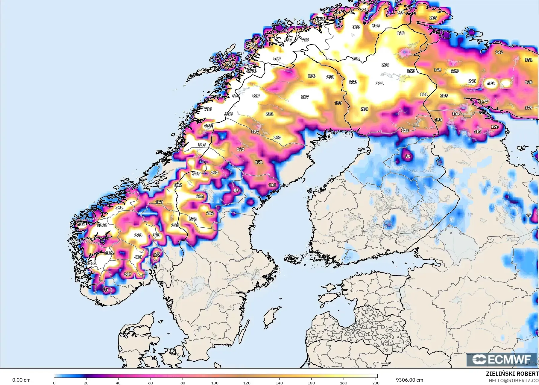 ECMWF IFS 0.25° modelo - Escandinavia, Profundidad de nieve