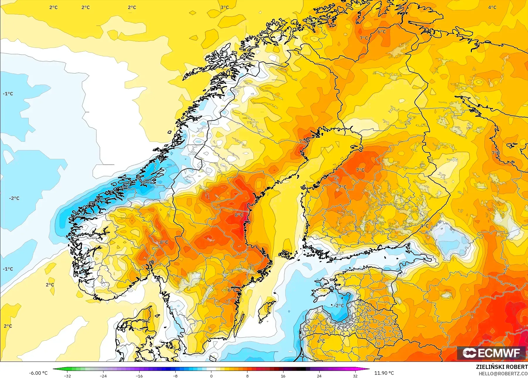 ECMWF IFS 0.25° modelo - Escandinavia, Anomalía de temperatura a 2 m