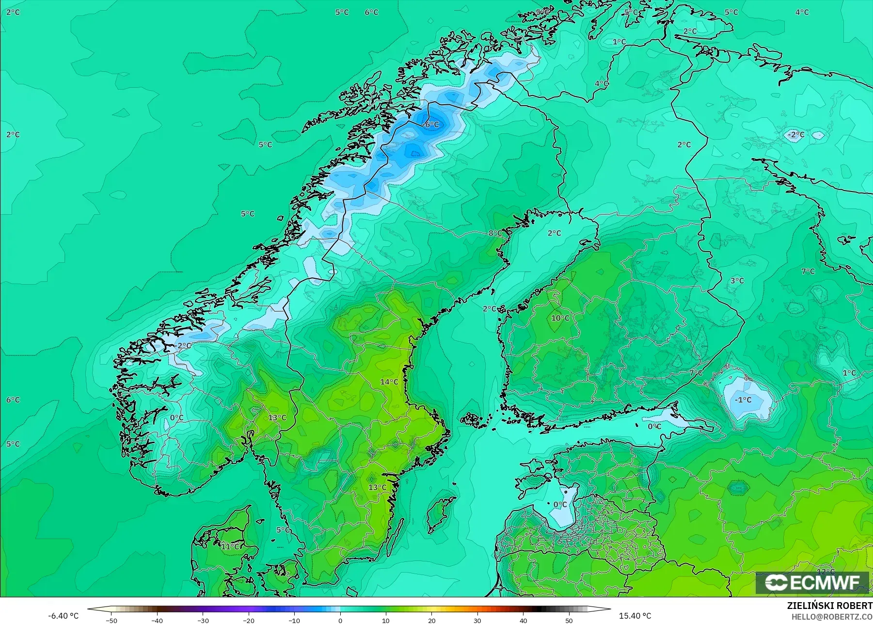 ECMWF IFS 0.25° modelo - Escandinavia, Temperatura a 2 m