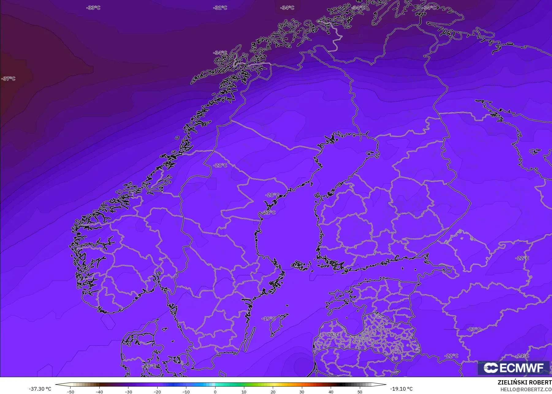 ECMWF IFS 0.25° modelo - Escandinavia, Temperatura a 500 hPa