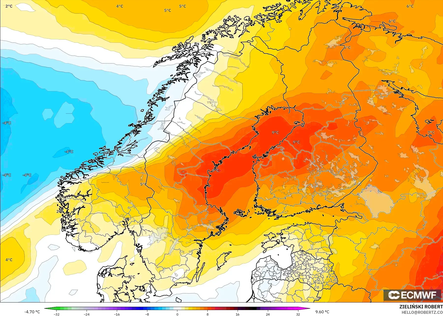 ECMWF IFS 0.25° modelo - Escandinavia, Anomalía de temperatura a 850 hPa