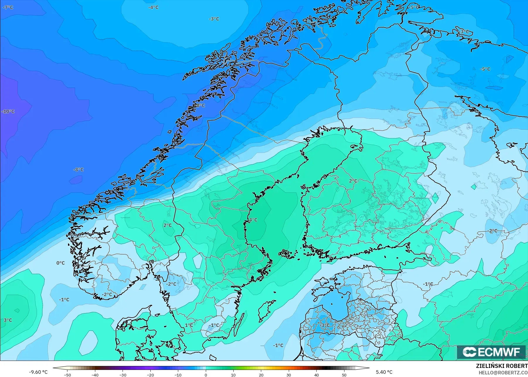 ECMWF IFS 0.25° modelo - Escandinavia, Temperatura a 850 hPa