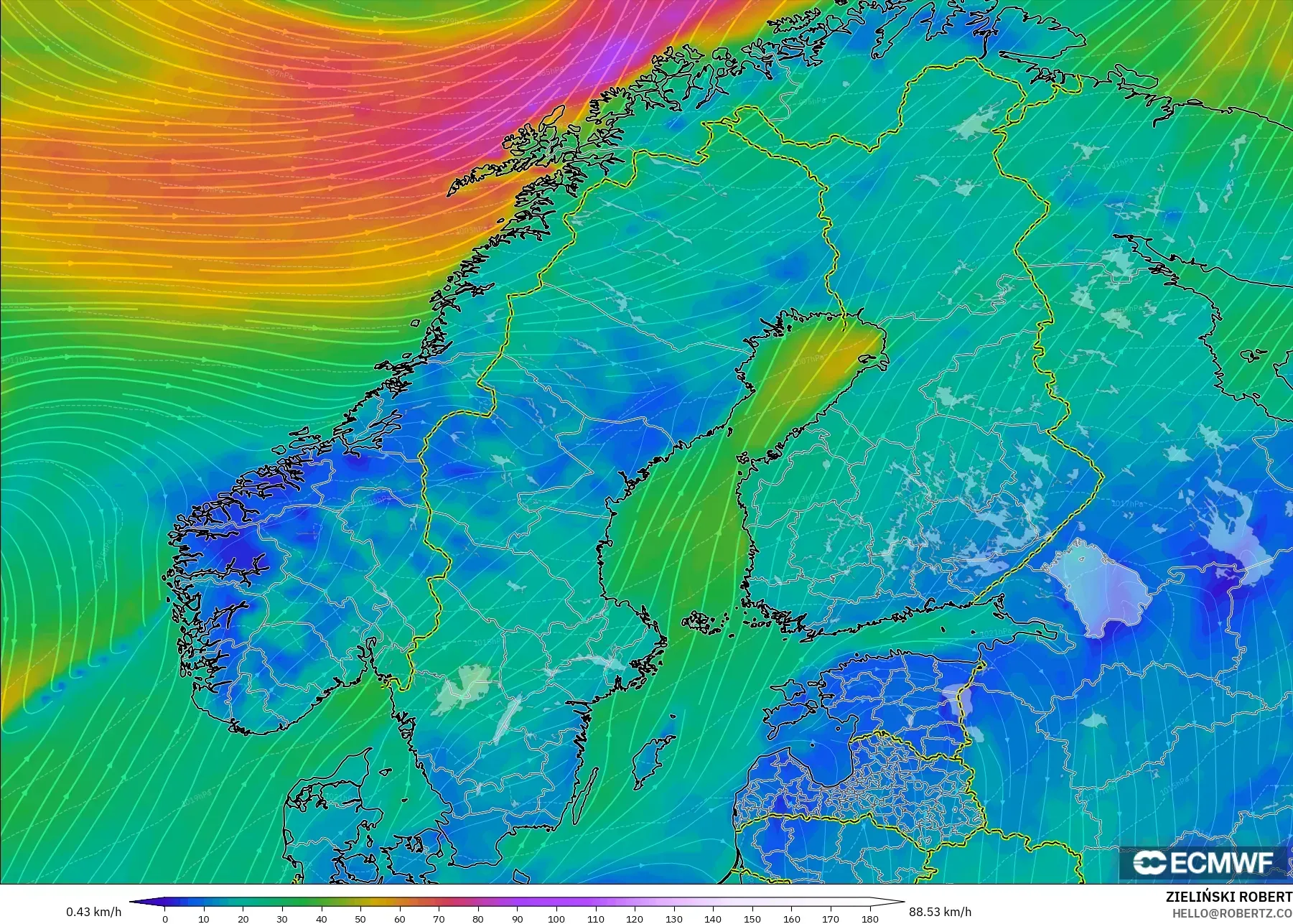 ECMWF IFS 0.25° modelo - Escandinavia, Viento a 10 m