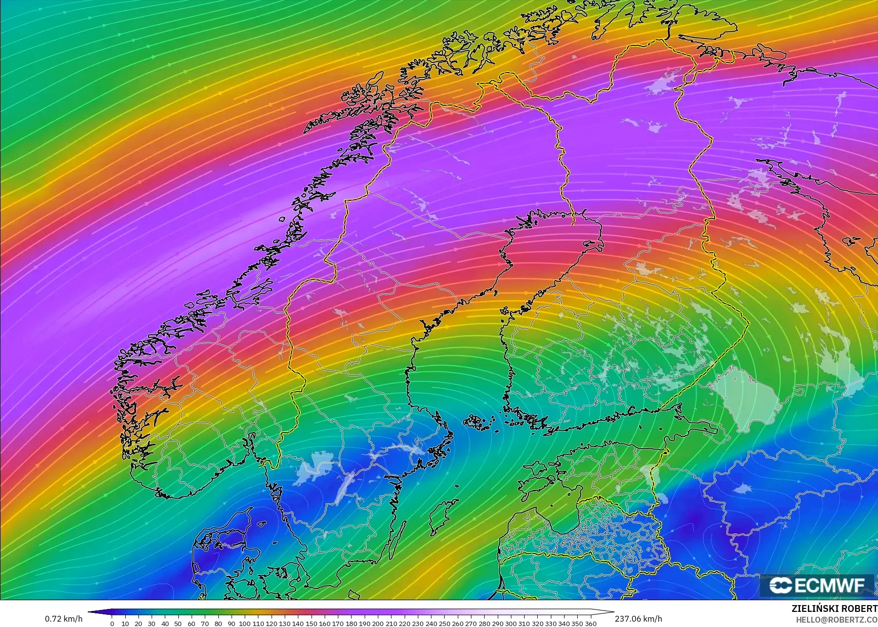 ECMWF IFS 0.25° modelo - Escandinavia, Viento a 300 hPa (corriente en chorro)