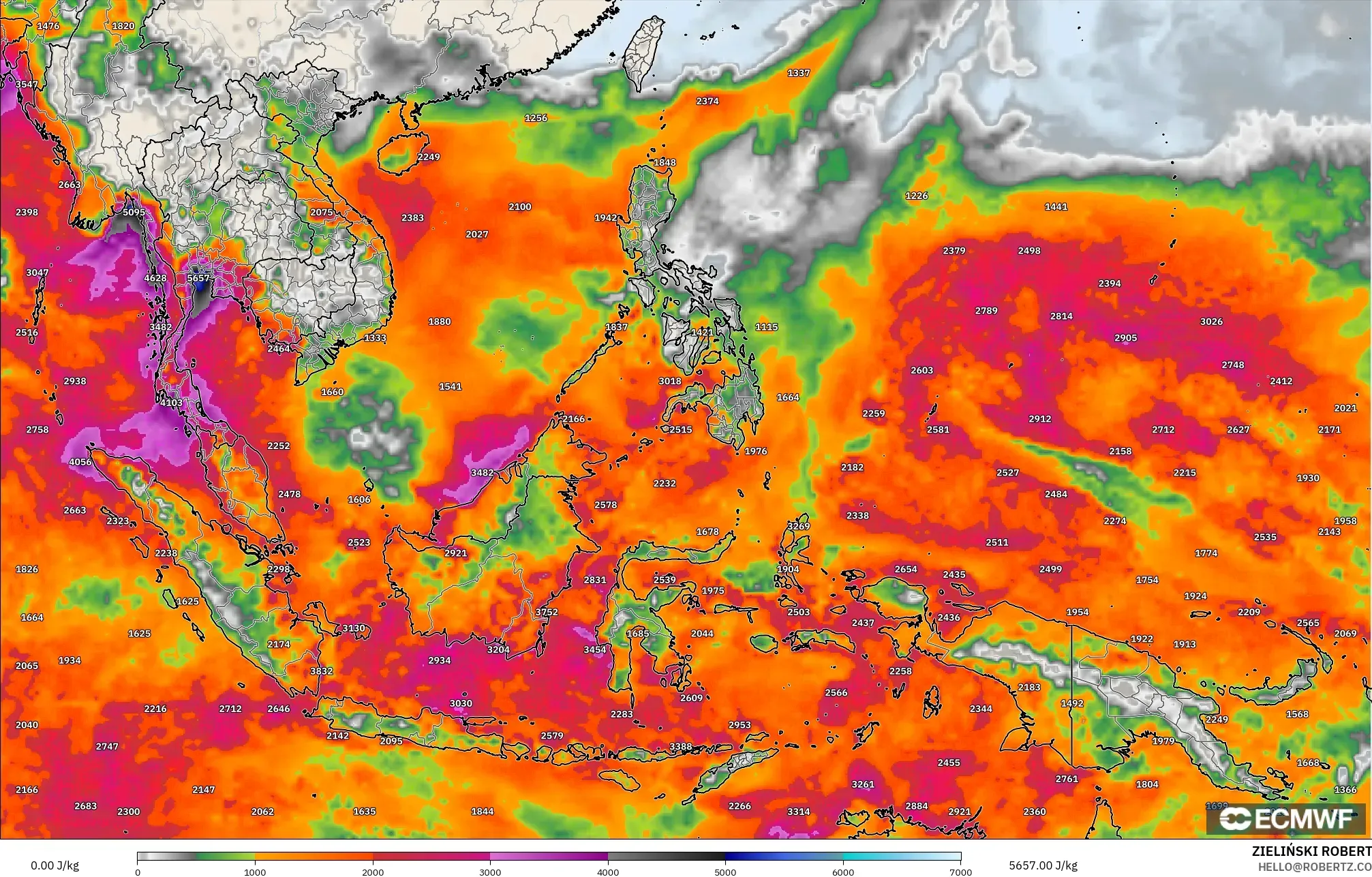ECMWF IFS 0.25° modelo - Sudeste Asiático, CAPE