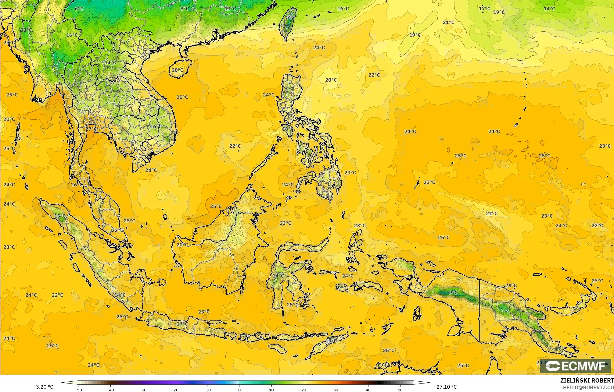 ECMWF IFS 0.25° modelo - Sudeste Asiático, Punto de rocío a 2 m