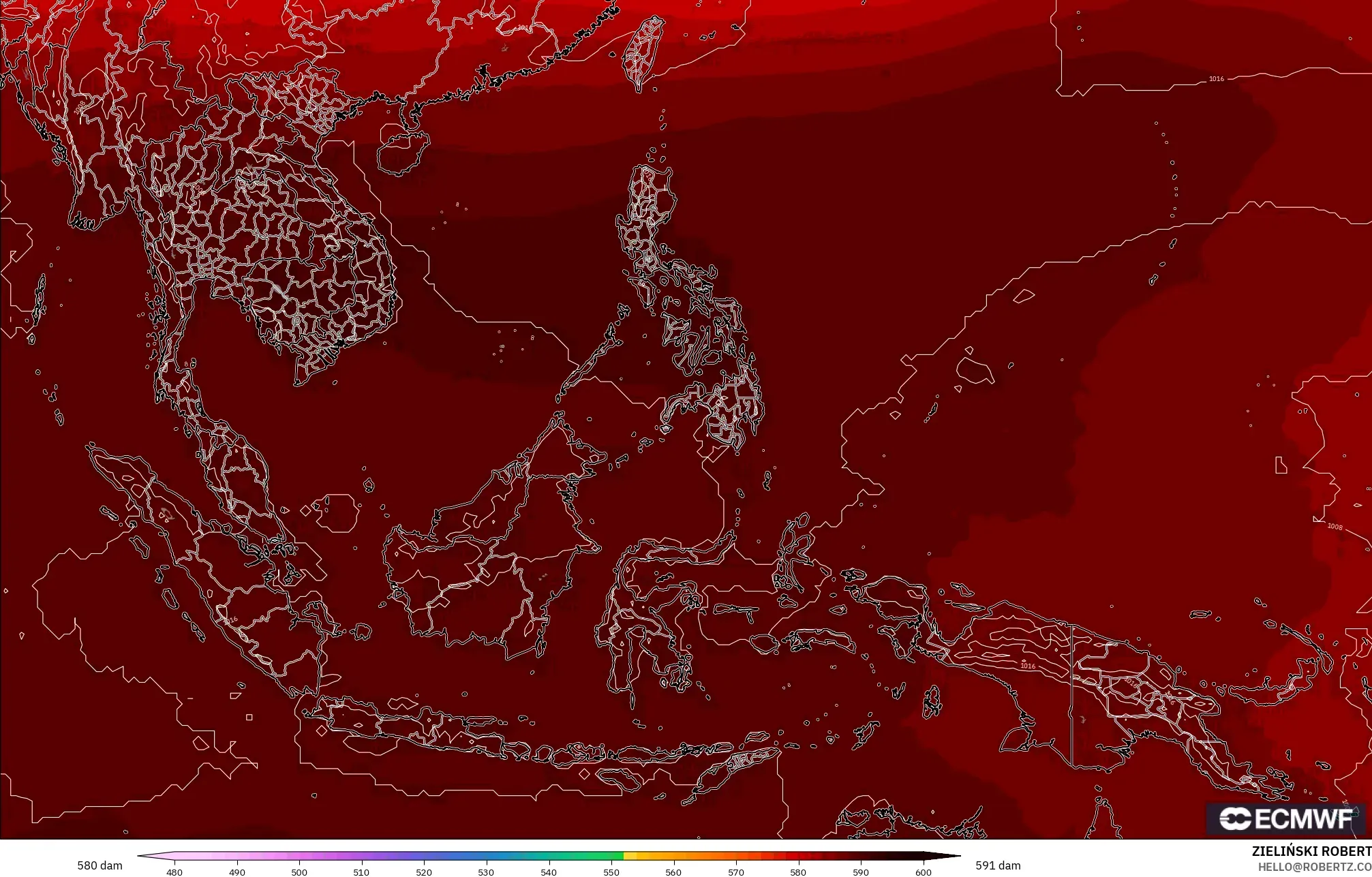 ECMWF IFS 0.25° modelo - Sudeste Asiático, Altura geopotencial a 500 hPa