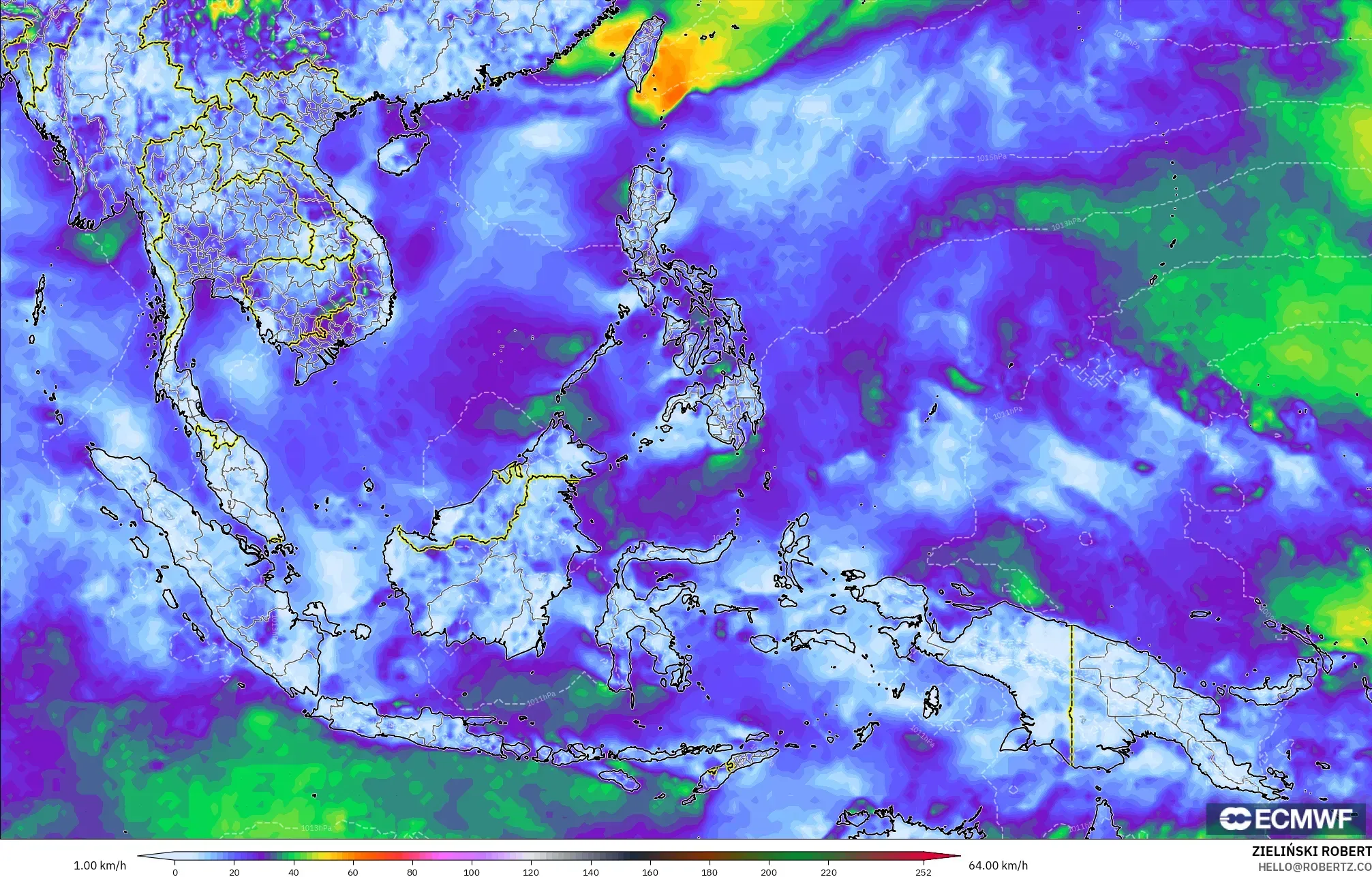 ECMWF IFS 0.25° modelo - Sudeste Asiático, Ráfagas de viento