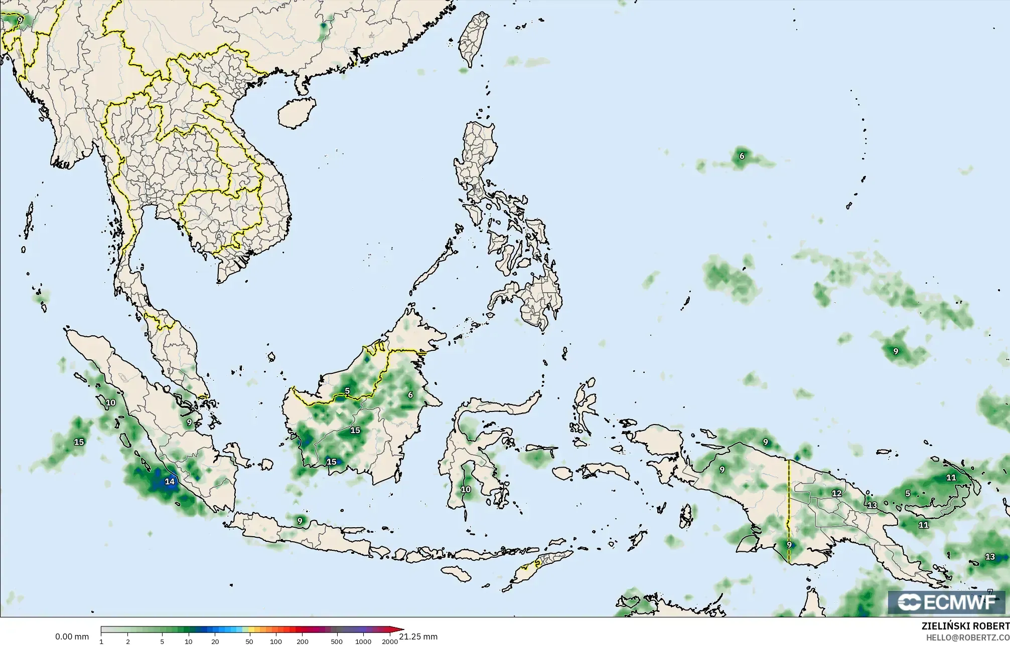 ECMWF IFS 0.25° modelo - Sudeste Asiático, Acumulación de precipitación