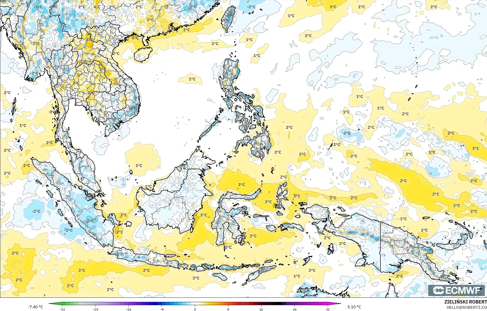 ECMWF IFS 0.25° modelo - Sudeste Asiático, Anomalía de temperatura a 2 m