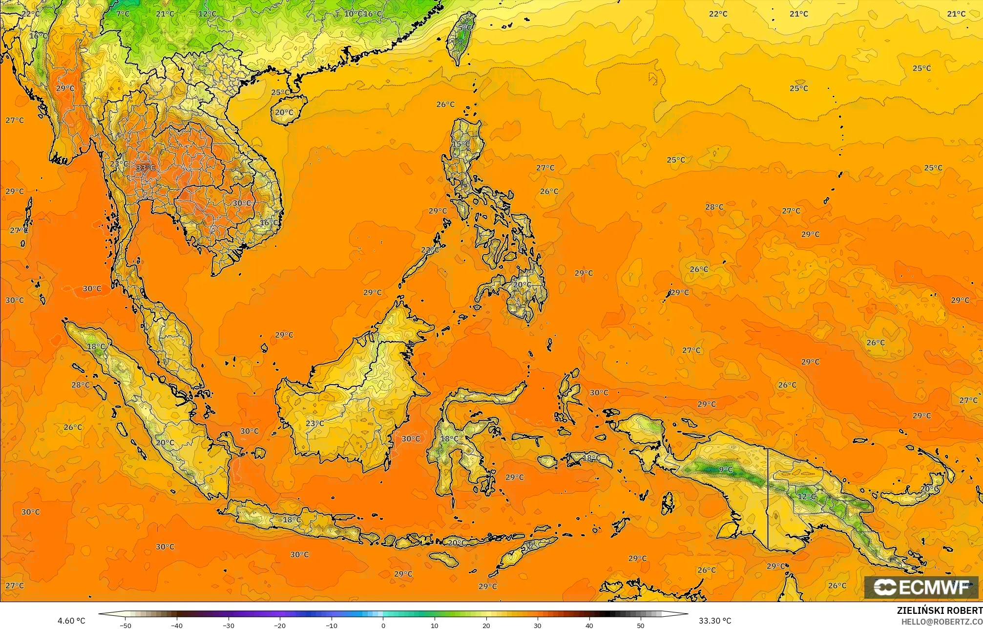 ECMWF IFS 0.25° modelo - Sudeste Asiático, Temperatura a 2 m