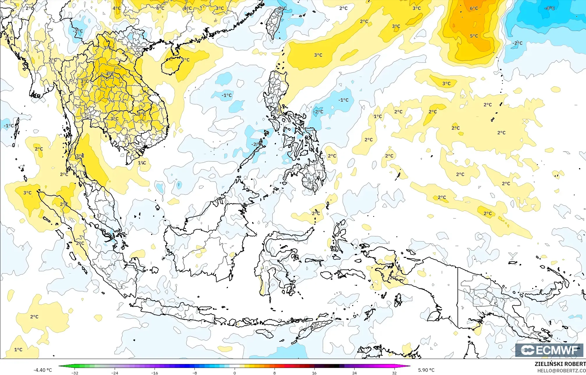 ECMWF IFS 0.25° modelo - Sudeste Asiático, Anomalía de temperatura a 850 hPa