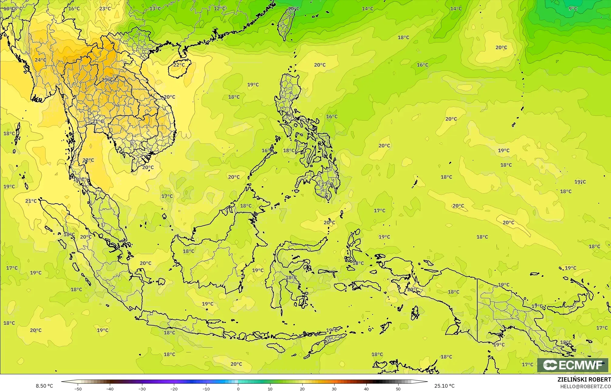 ECMWF IFS 0.25° modelo - Sudeste Asiático, Temperatura a 850 hPa