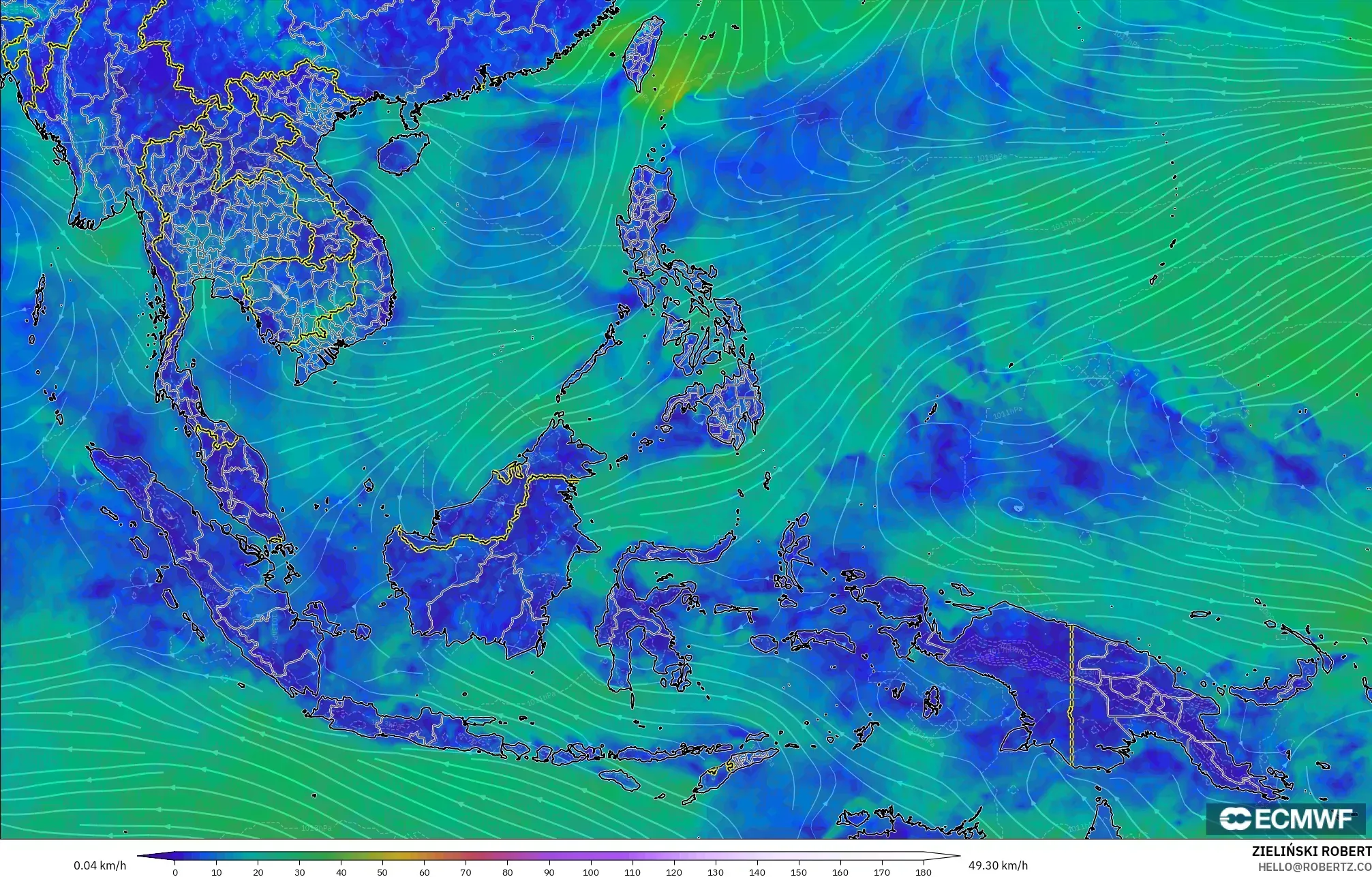 ECMWF IFS 0.25° modelo - Sudeste Asiático, Viento a 10 m
