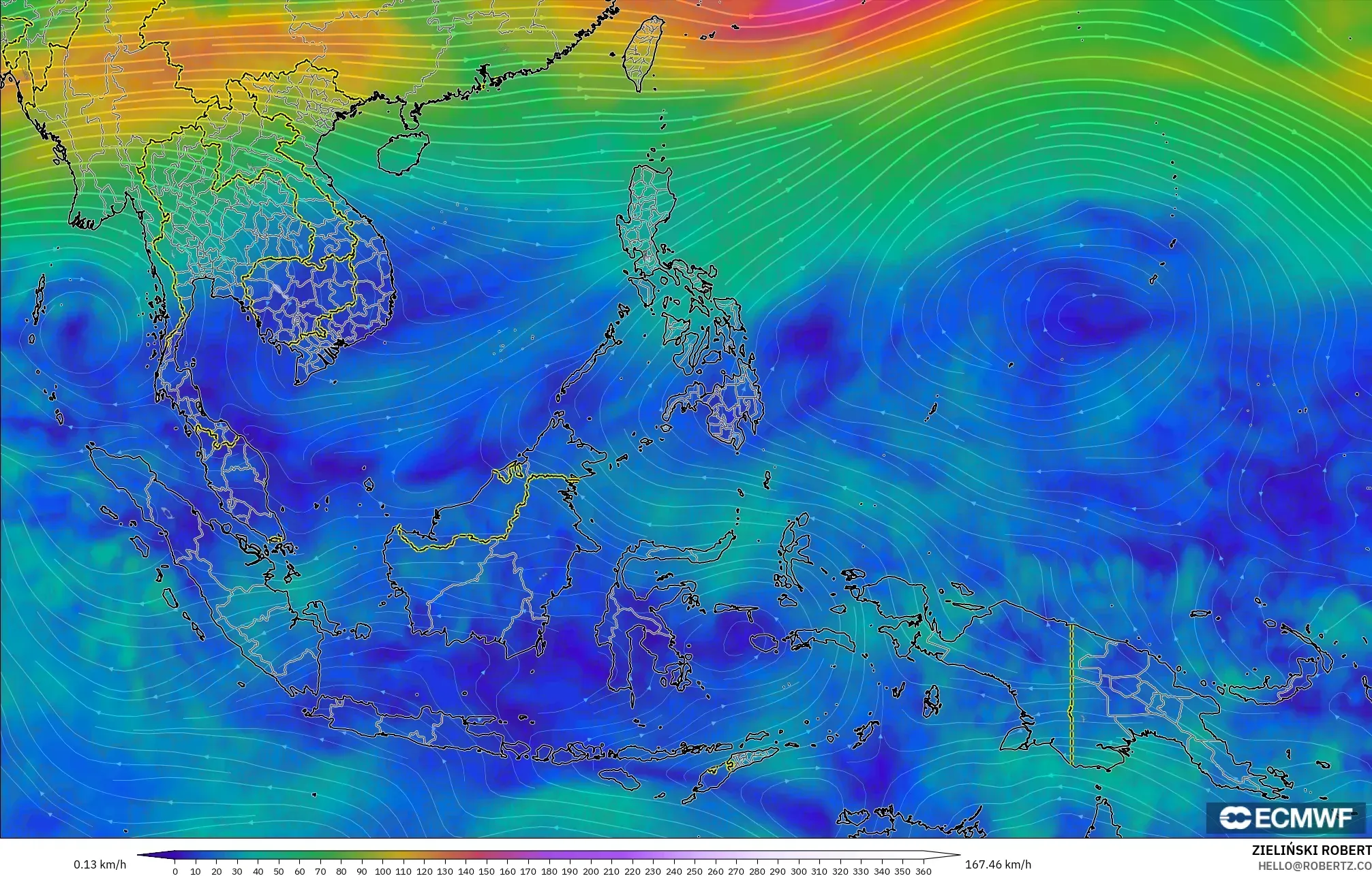 ECMWF IFS 0.25° modelo - Sudeste Asiático, Viento a 300 hPa (corriente en chorro)