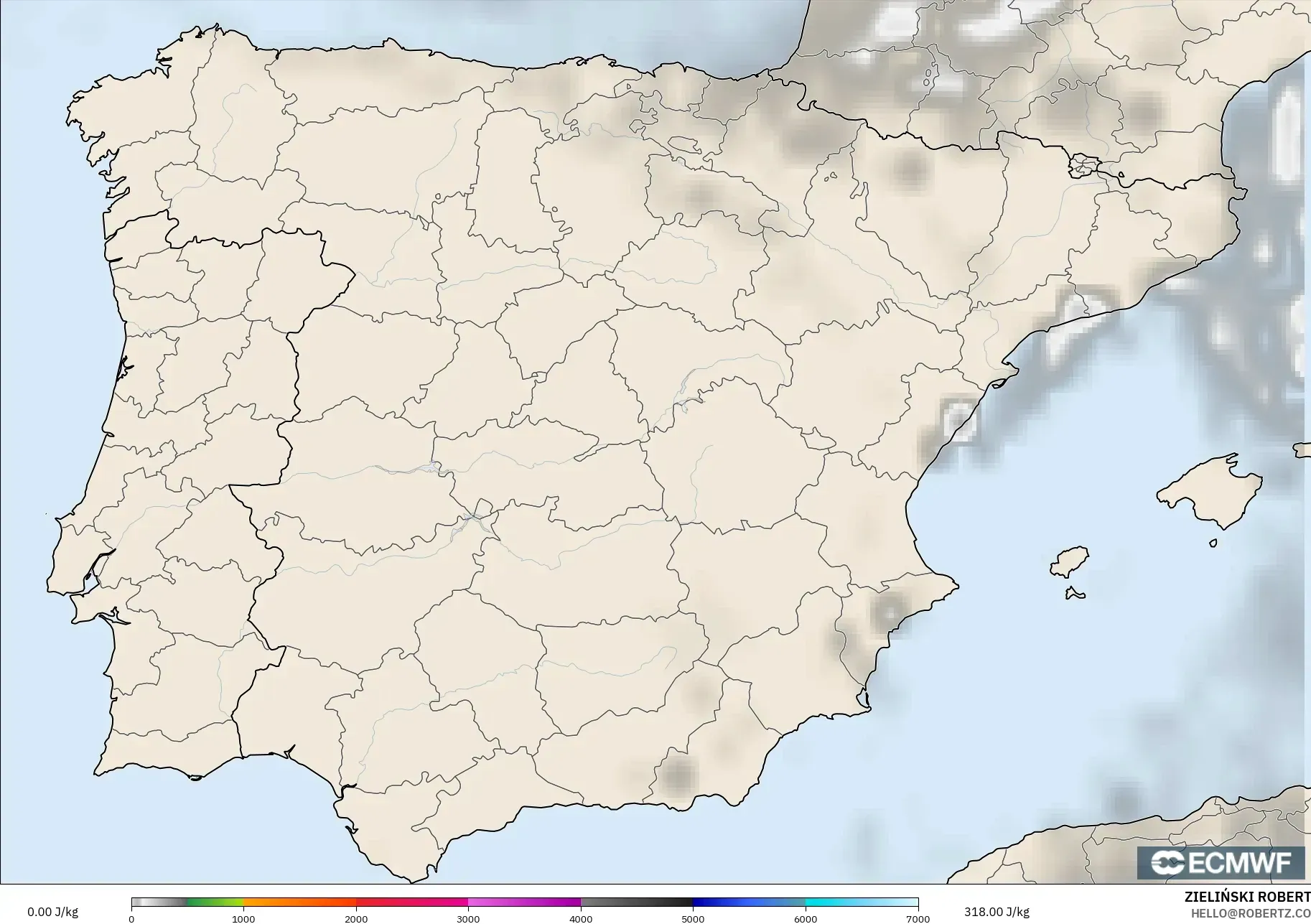 ECMWF IFS 0.25° modelo - España, CAPE