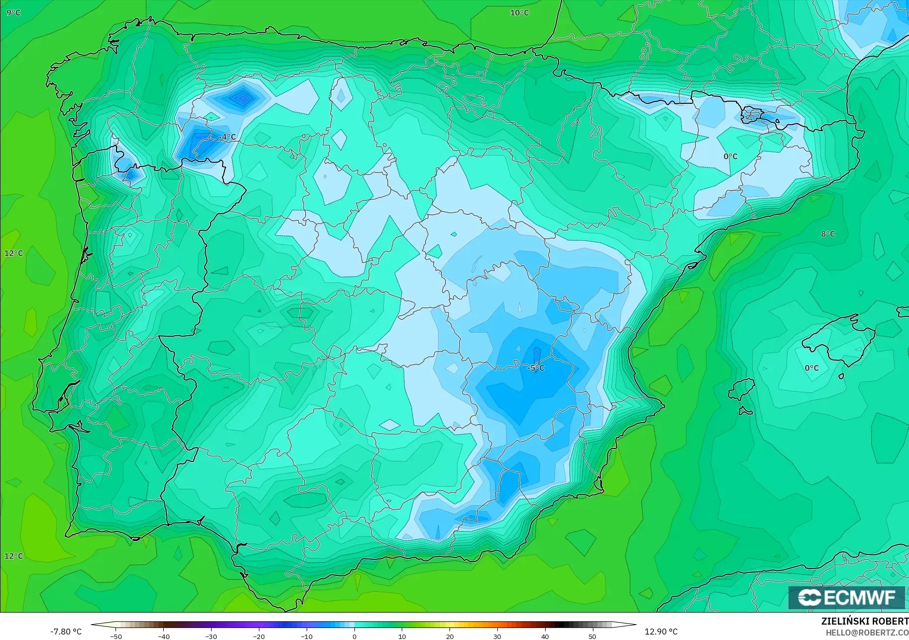 ECMWF IFS 0.25° modelo - España, Punto de rocío a 2 m