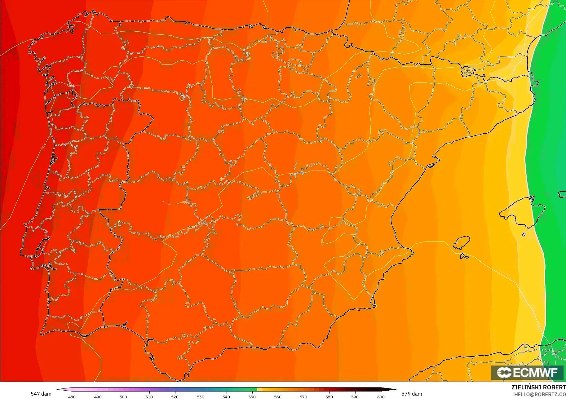 ECMWF IFS 0.25° modelo - España, Altura geopotencial a 500 hPa
