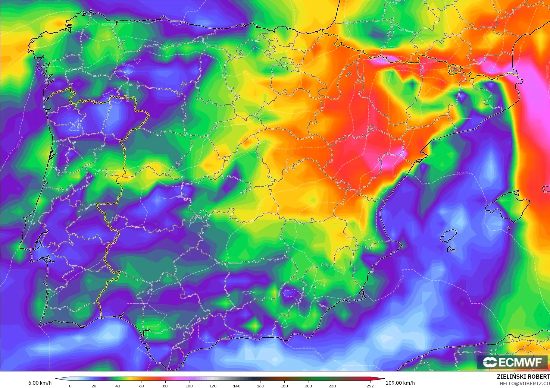 ECMWF IFS 0.25° modelo - España, Ráfagas de viento