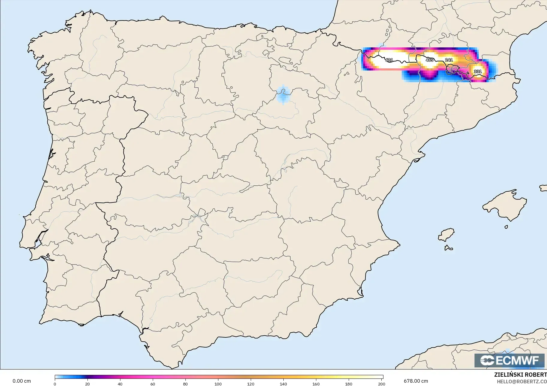 ECMWF IFS 0.25° modelo - España, Profundidad de nieve