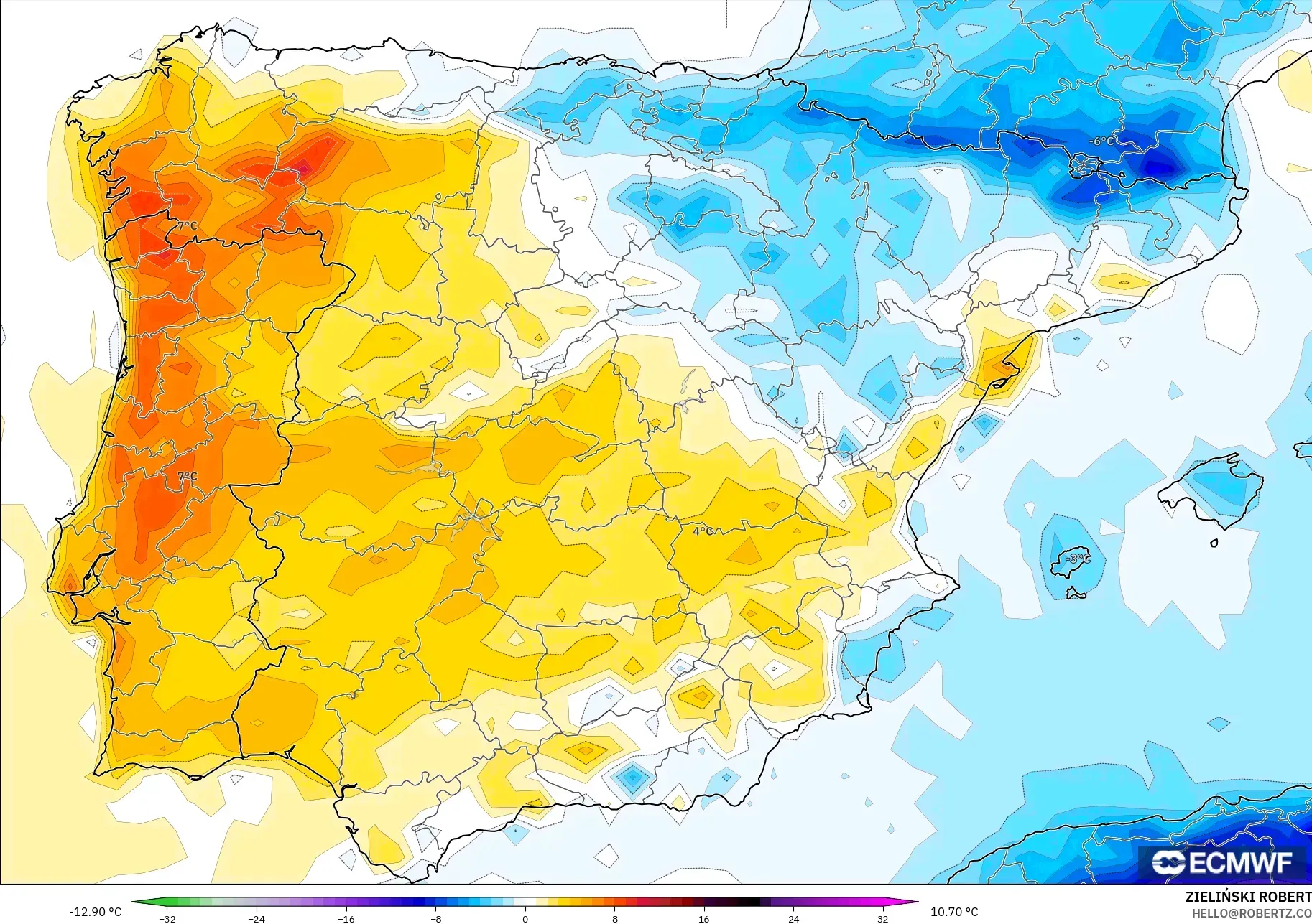 ECMWF IFS 0.25° modelo - España, Anomalía de temperatura a 2 m