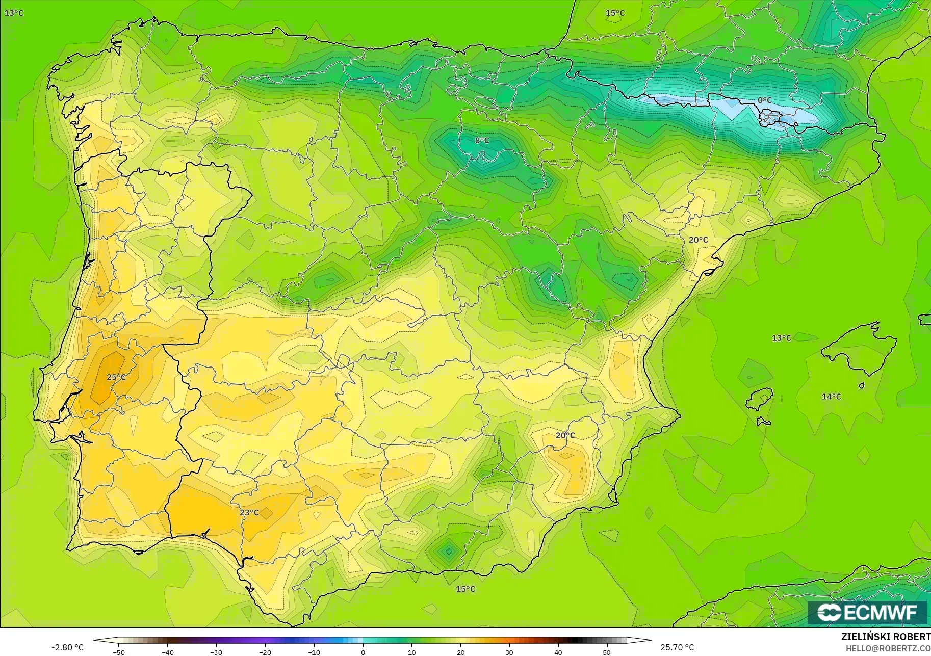 ECMWF IFS 0.25° modelo - España, Temperatura a 2 m