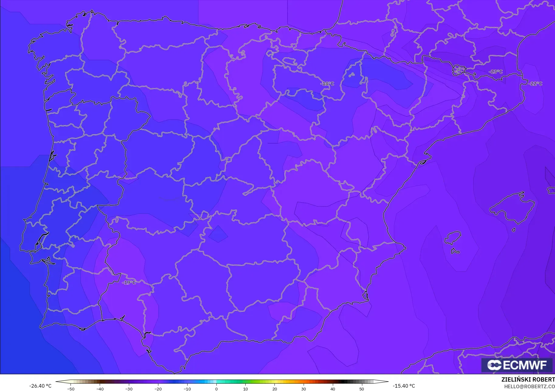 ECMWF IFS 0.25° modelo - España, Temperatura a 500 hPa