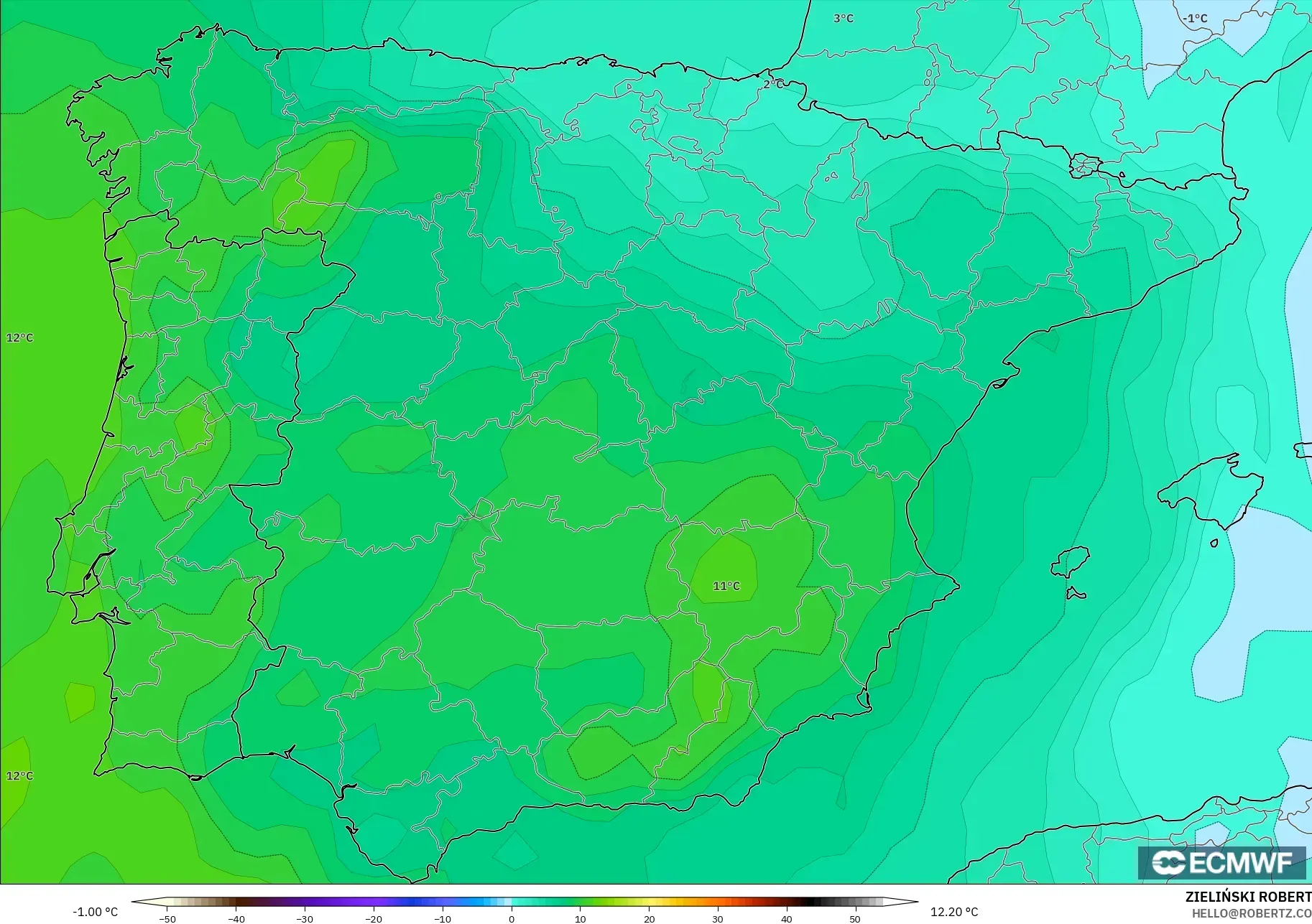 ECMWF IFS 0.25° modelo - España, Temperatura a 850 hPa