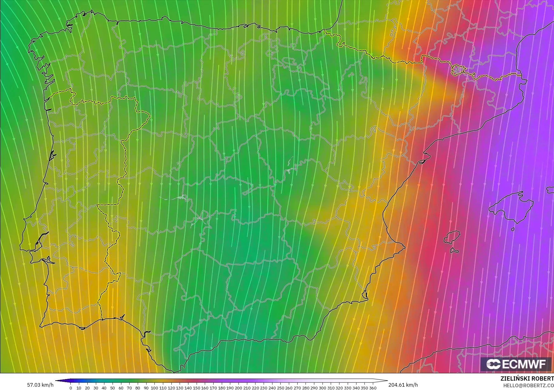 ECMWF IFS 0.25° modelo - España, Viento a 300 hPa (corriente en chorro)
