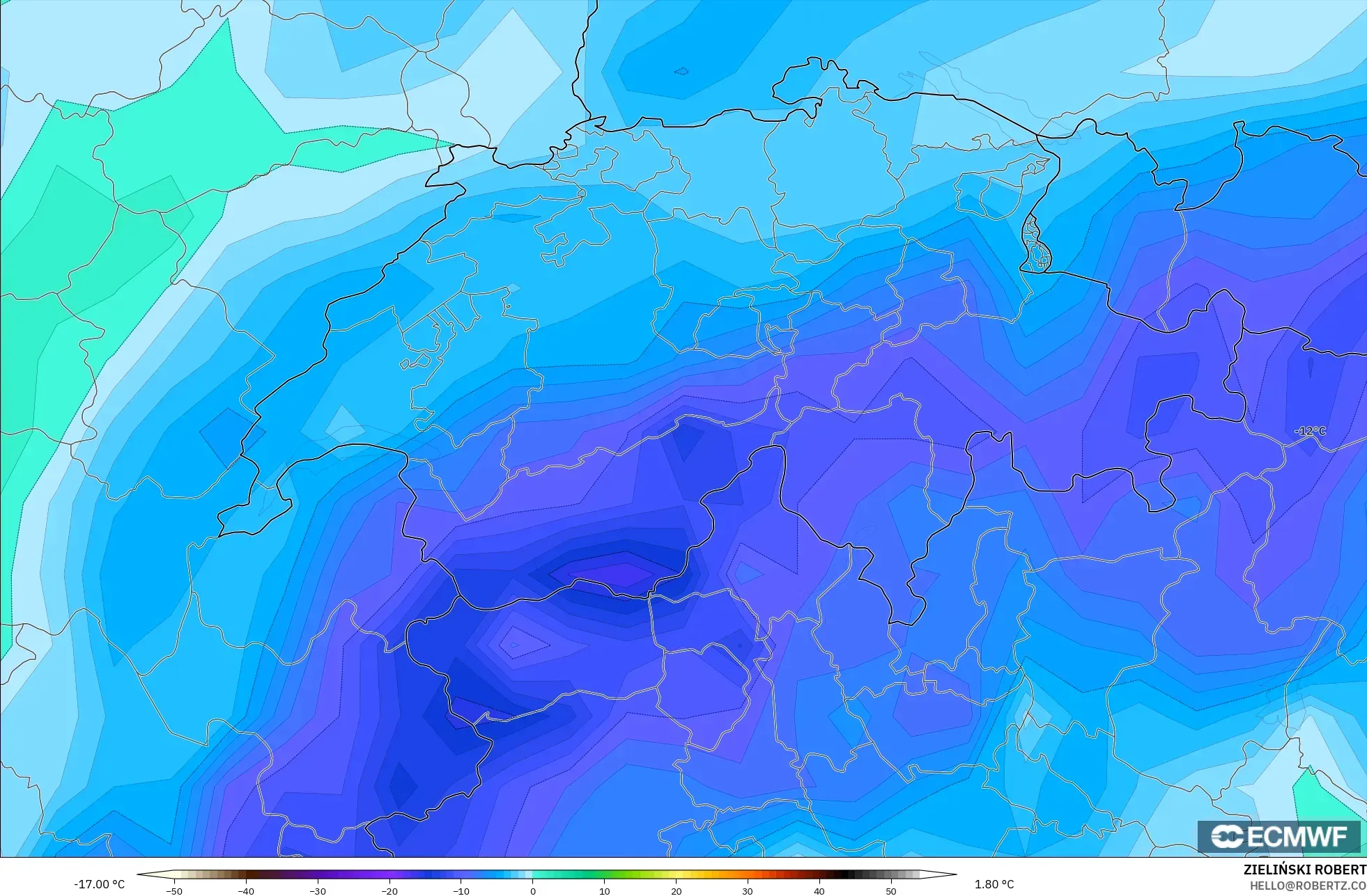 ECMWF IFS 0.25° modelo - Suiza, Punto de rocío a 2 m