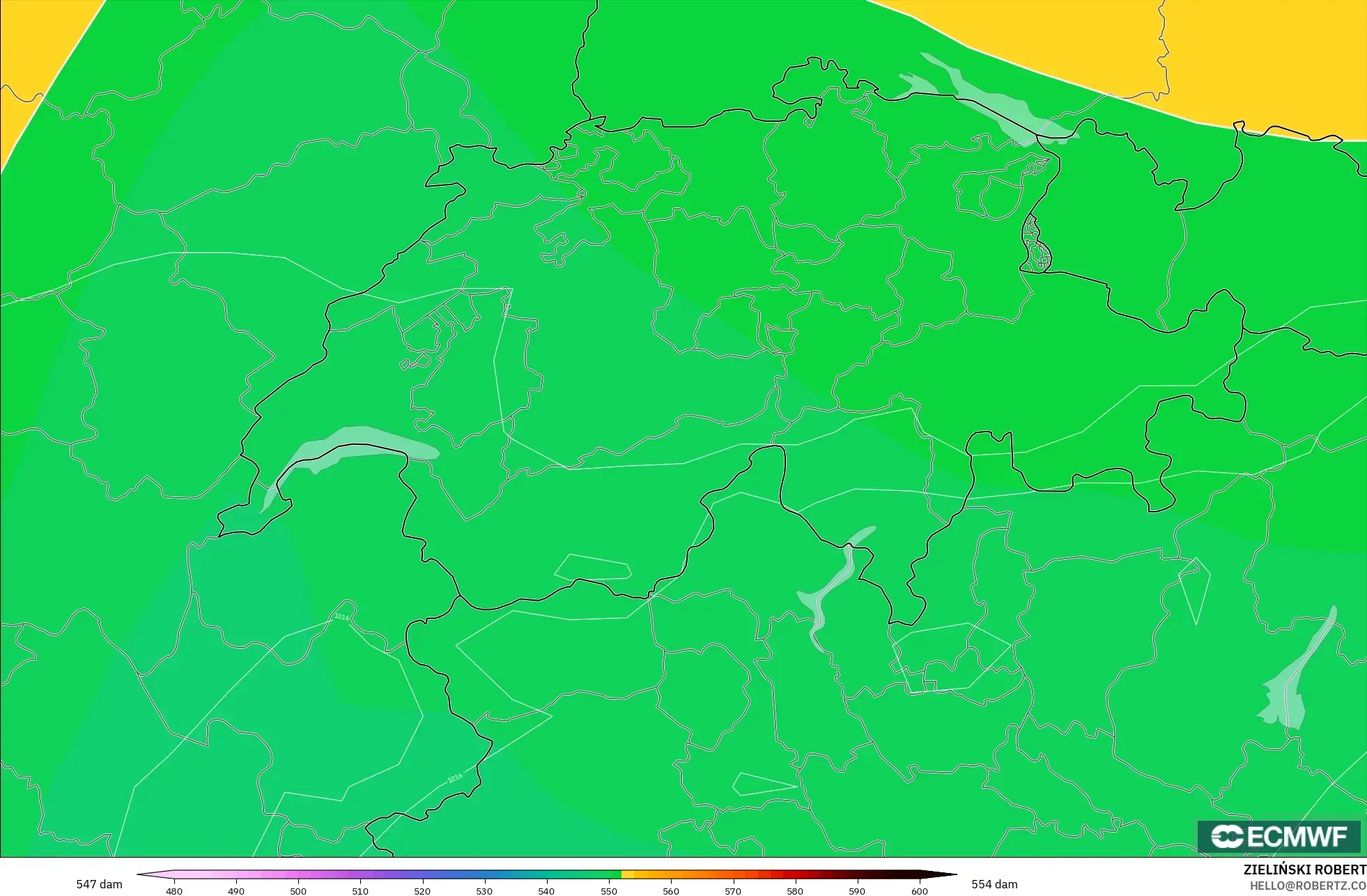ECMWF IFS 0.25° modelo - Suiza, Altura geopotencial a 500 hPa