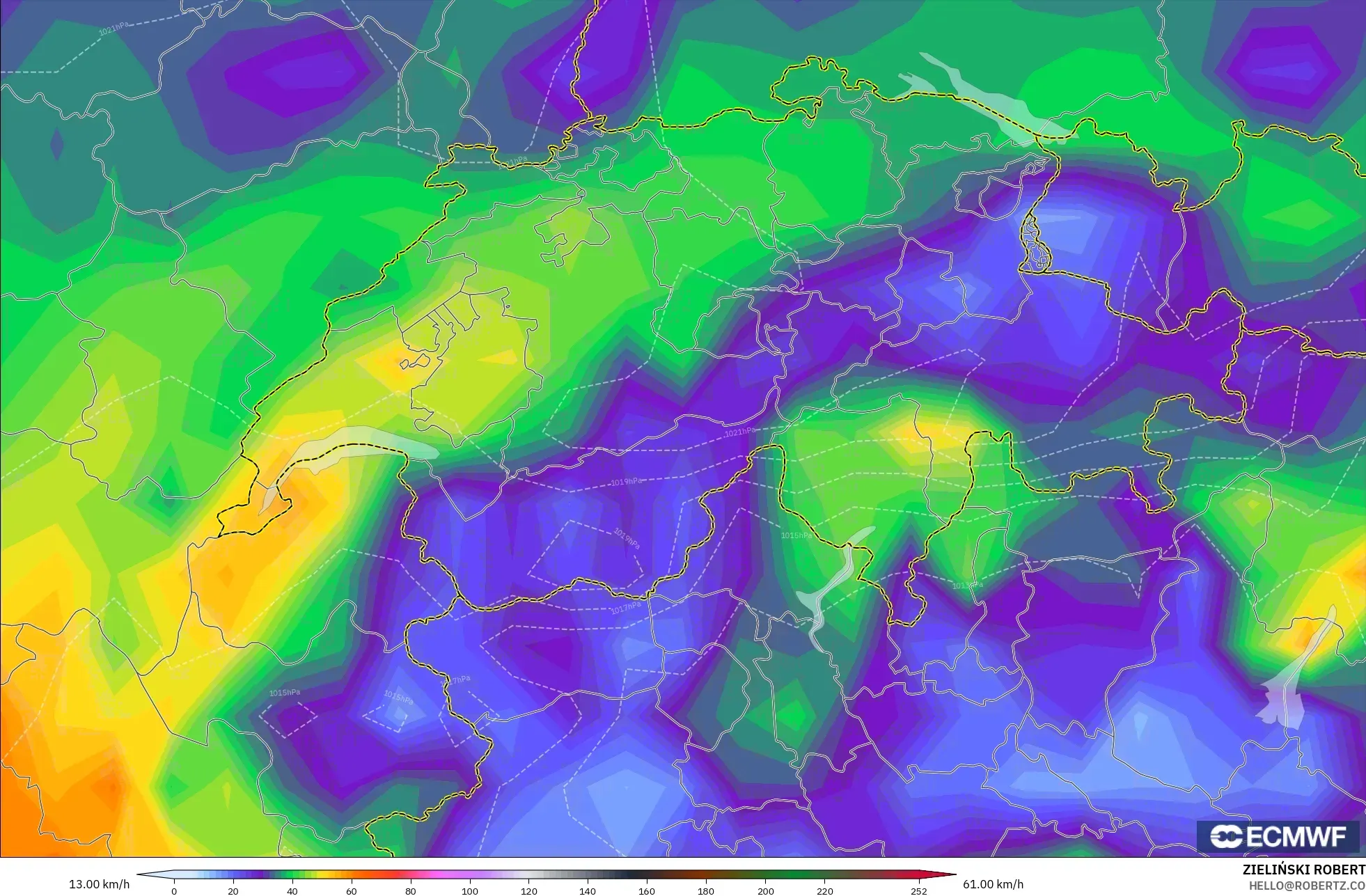 ECMWF IFS 0.25° modelo - Suiza, Ráfagas de Viento Máximas
