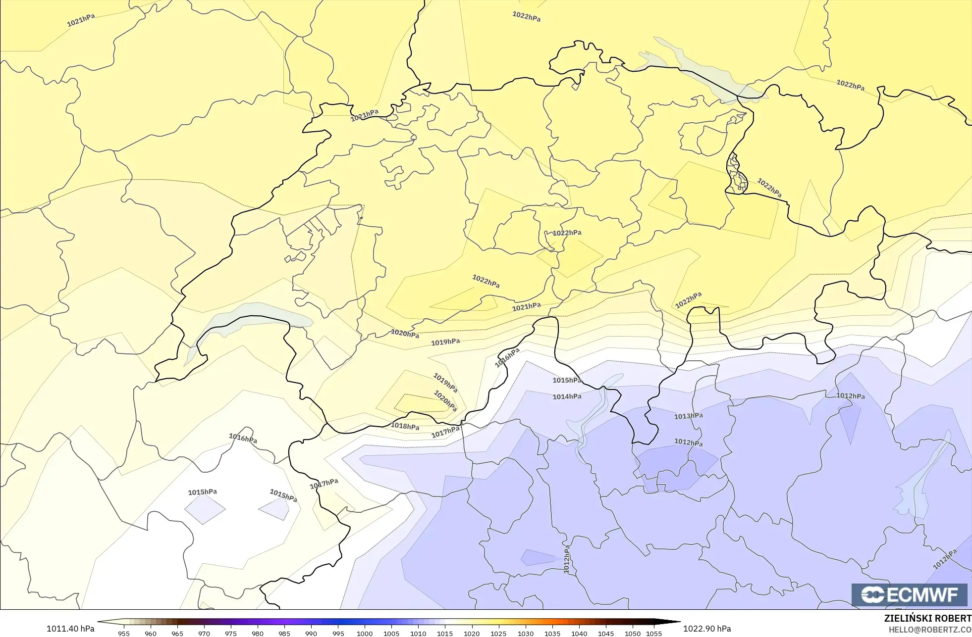 ECMWF IFS 0.25° modelo - Suiza, Presión