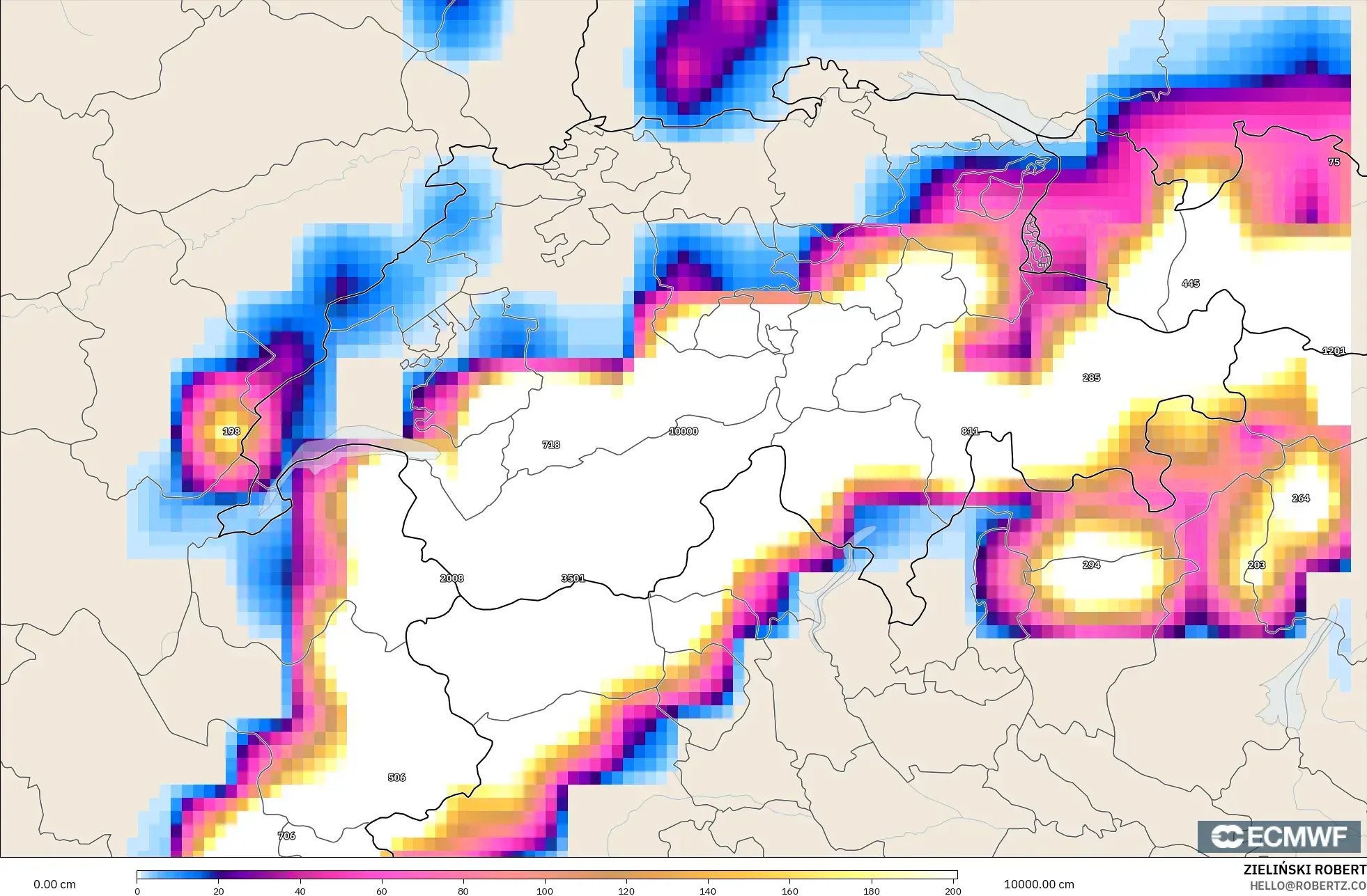 ECMWF IFS 0.25° modelo - Suiza, Profundidad de nieve