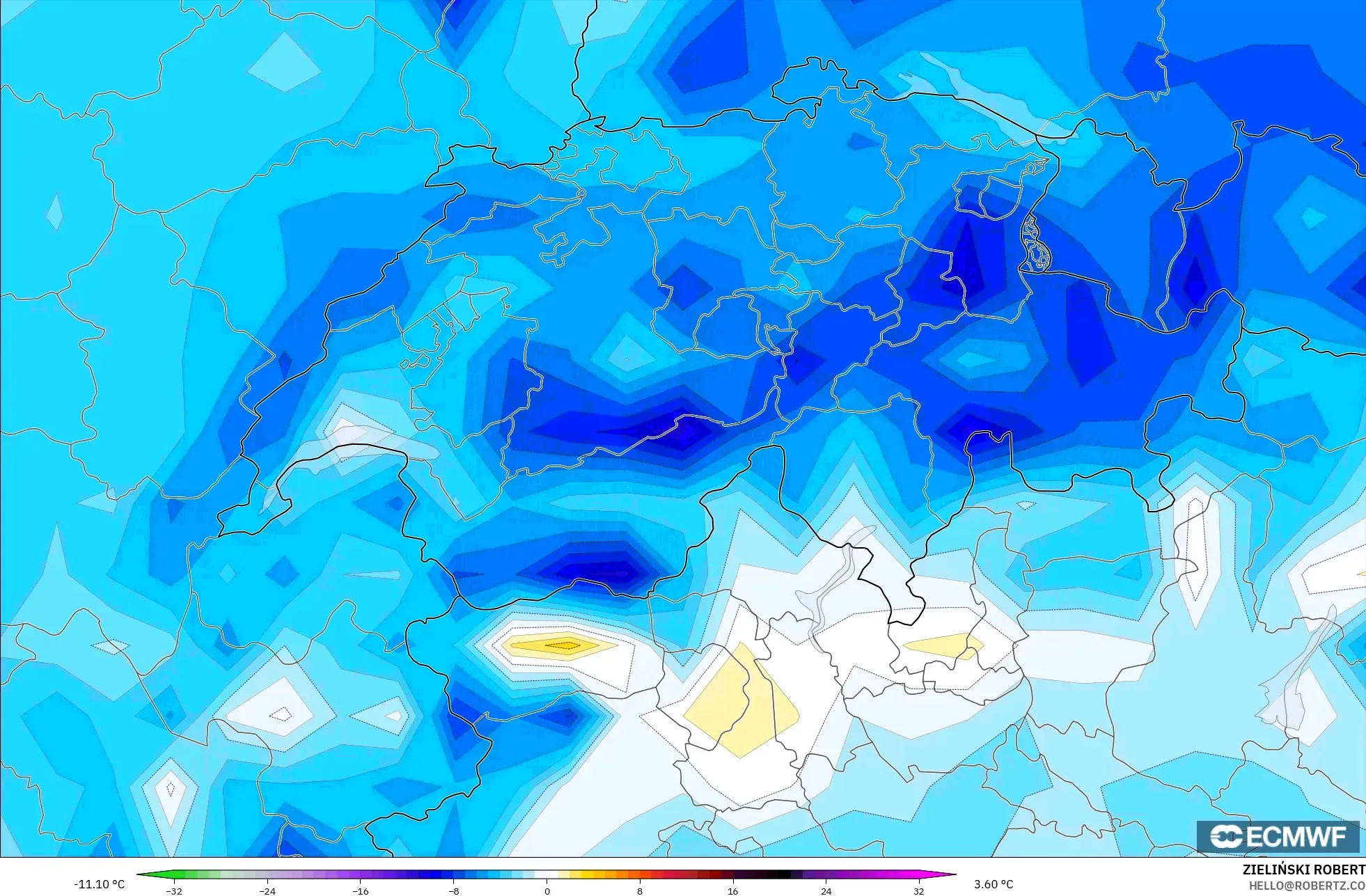 ECMWF IFS 0.25° modelo - Suiza, Anomalía de temperatura a 2 m
