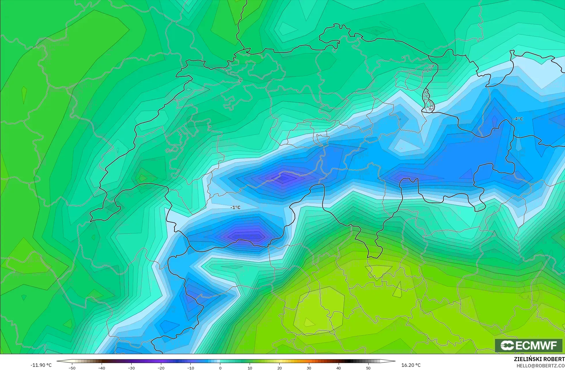 ECMWF IFS 0.25° modelo - Suiza, Temperatura a 2 m