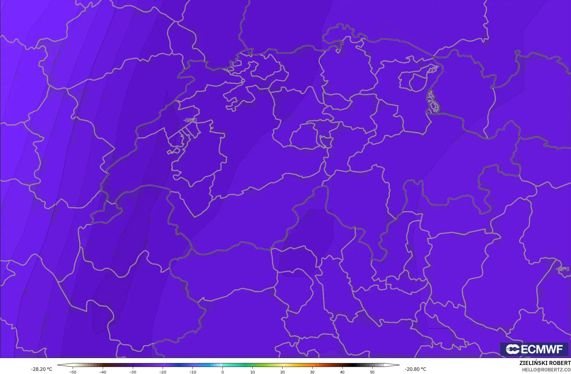 ECMWF IFS 0.25° modelo - Suiza, Temperatura a 500 hPa