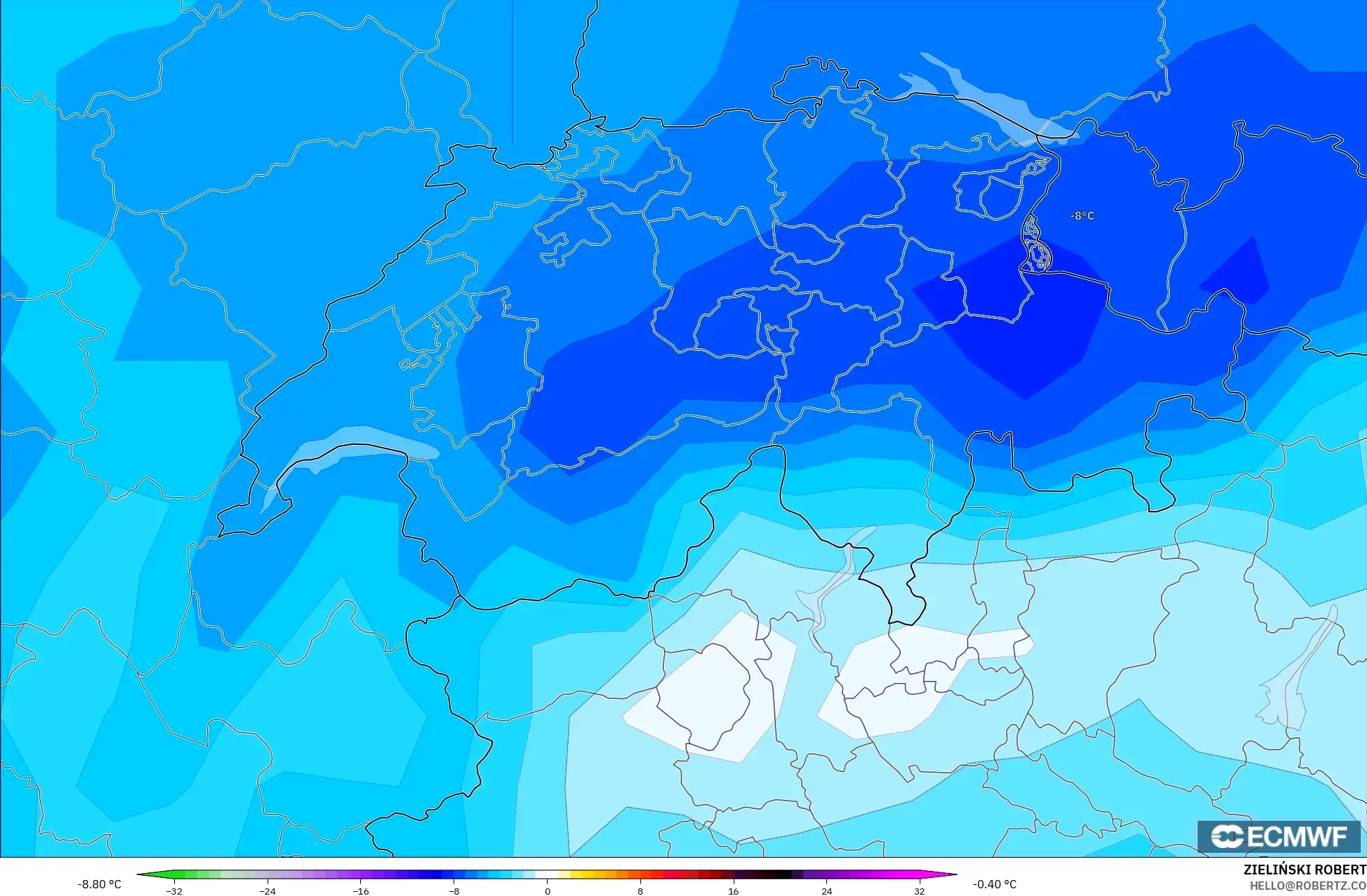 ECMWF IFS 0.25° modelo - Suiza, Anomalía de temperatura a 850 hPa