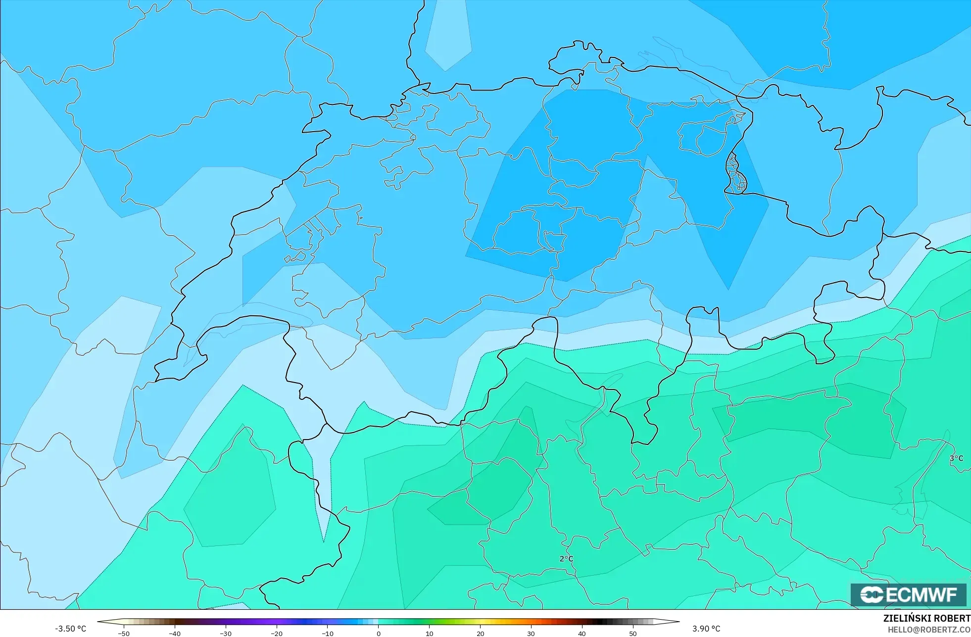 ECMWF IFS 0.25° modelo - Suiza, Temperatura a 850 hPa