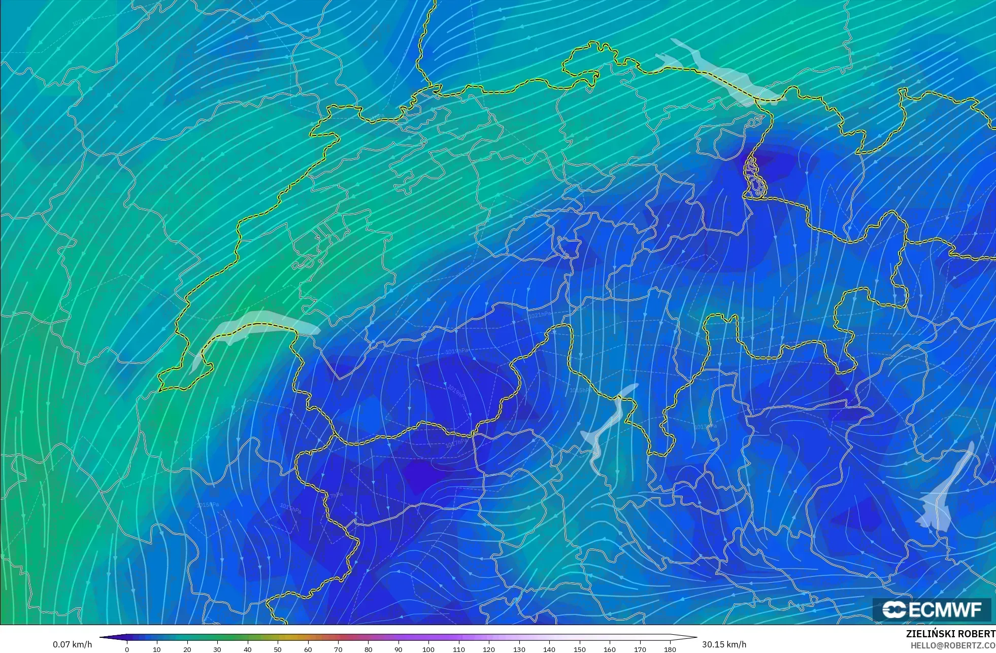 ECMWF IFS 0.25° modelo - Suiza, Viento a 10 m