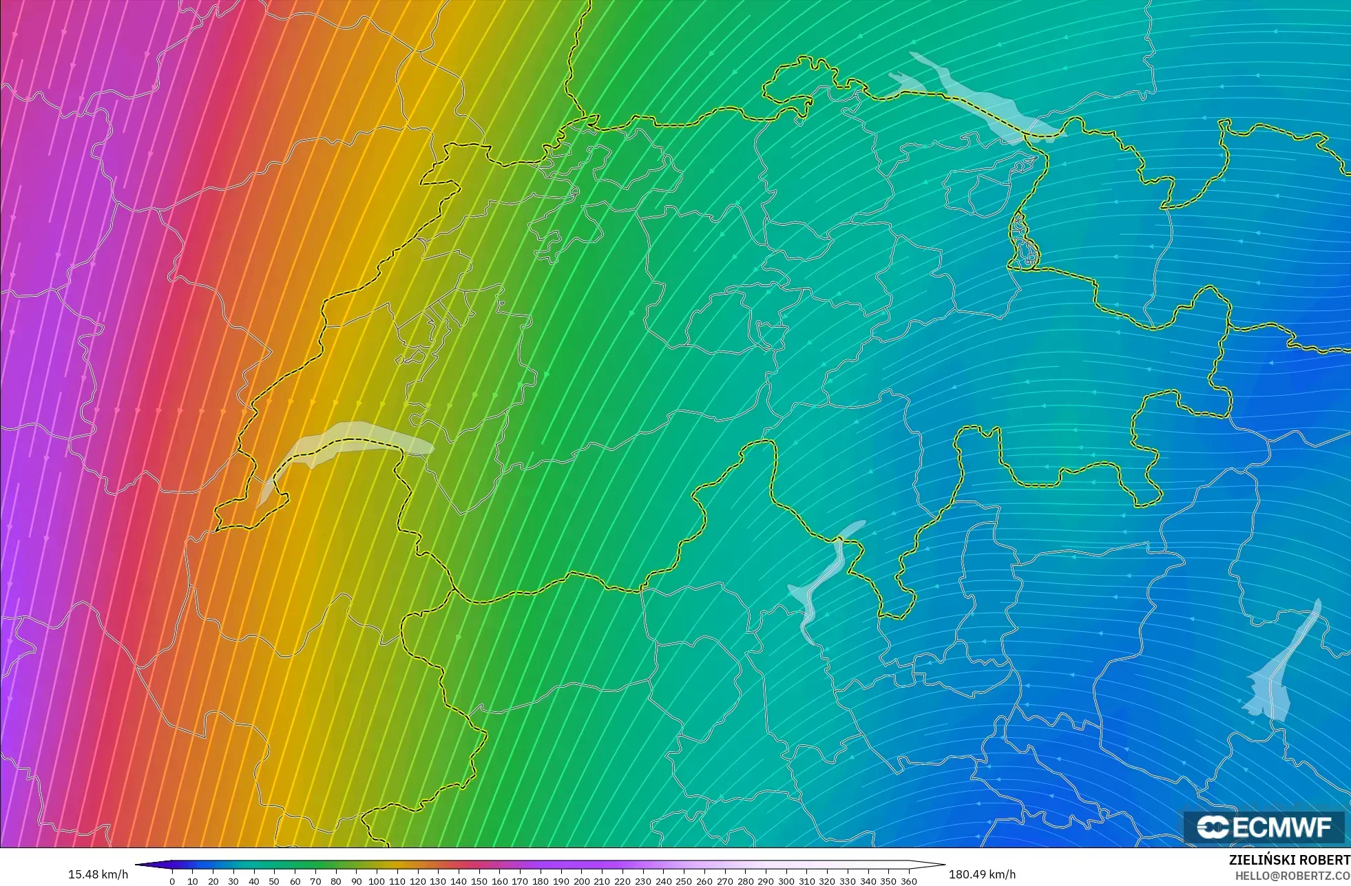 ECMWF IFS 0.25° modelo - Suiza, Viento a 300 hPa (corriente en chorro)
