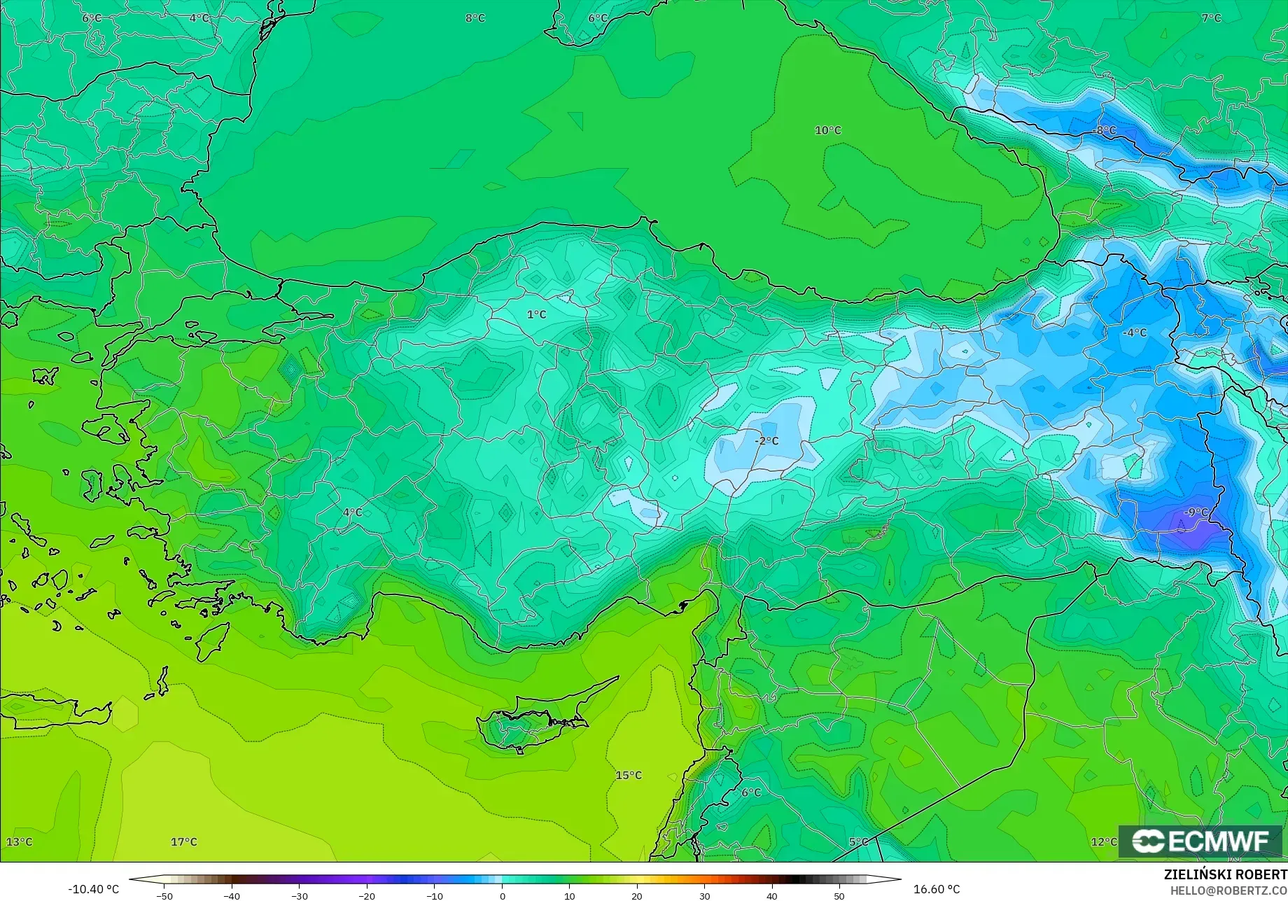 ECMWF IFS 0.25° modelo - Turquía, Punto de rocío a 2 m