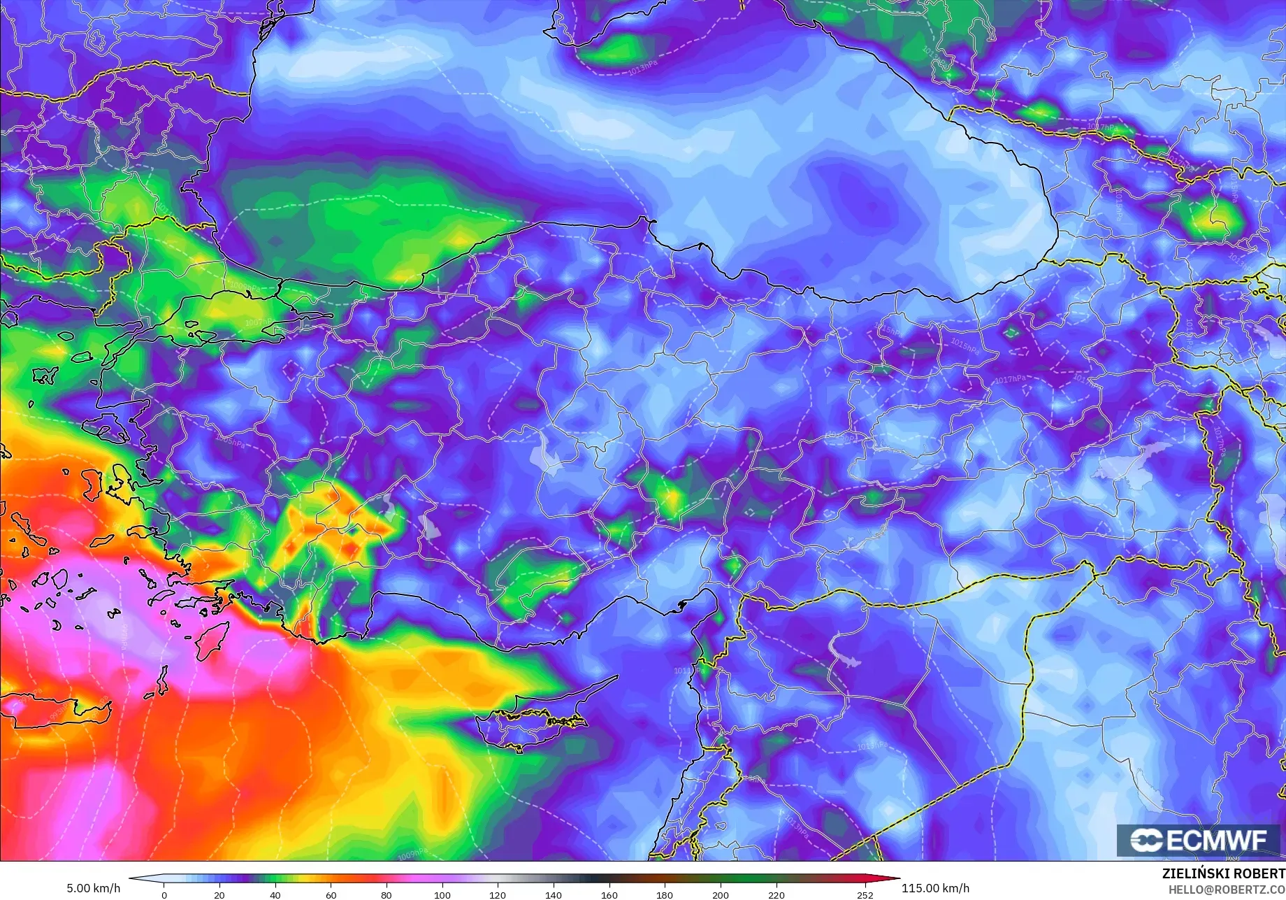 ECMWF IFS 0.25° modelo - Turquía, Ráfagas de viento