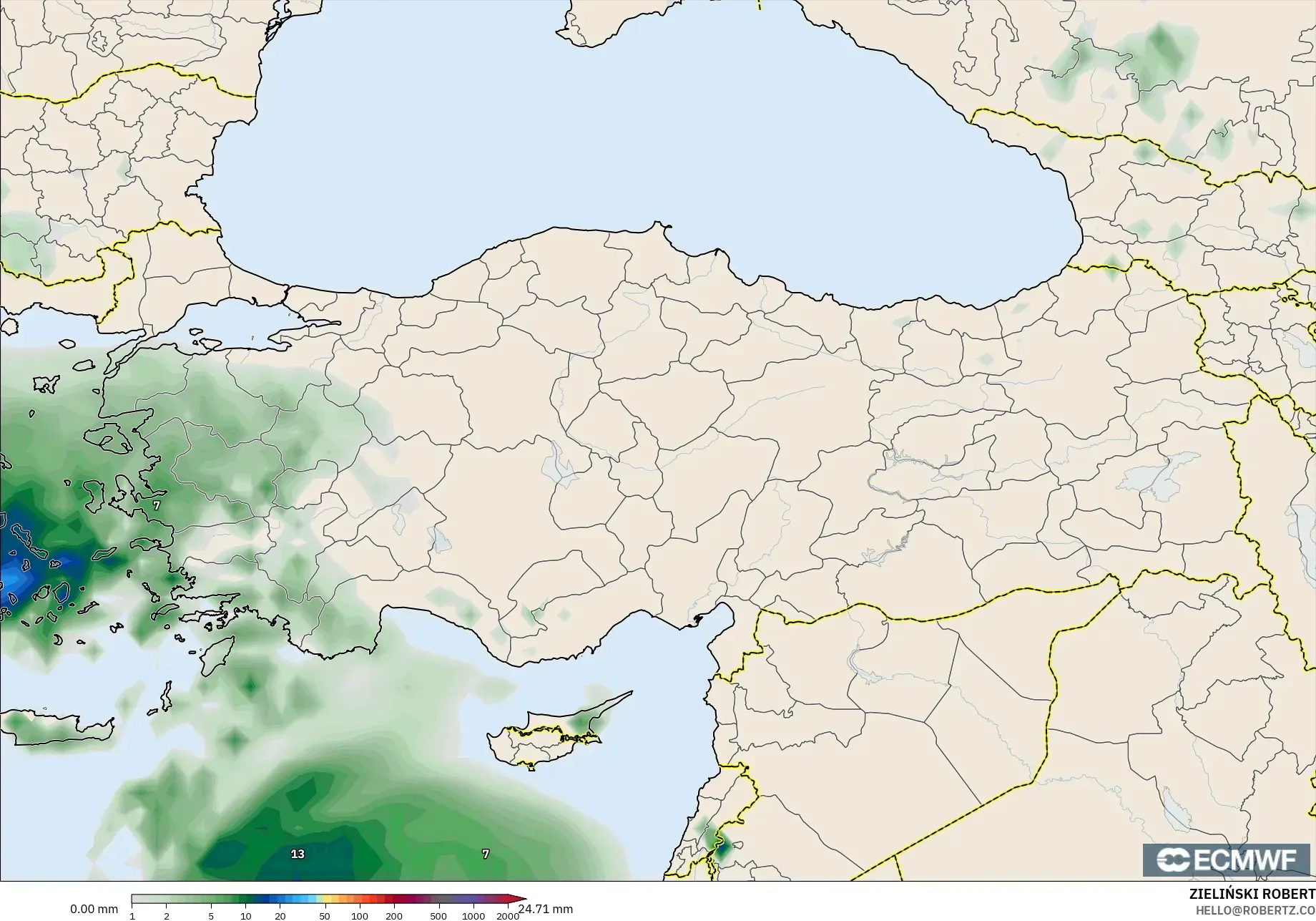 ECMWF IFS 0.25° modelo - Turquía, Acumulación de precipitación
