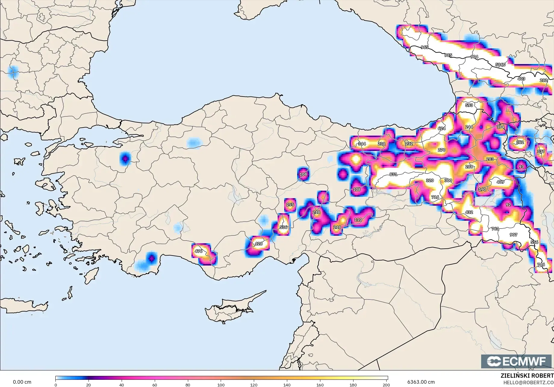 ECMWF IFS 0.25° modelo - Turquía, Profundidad de nieve