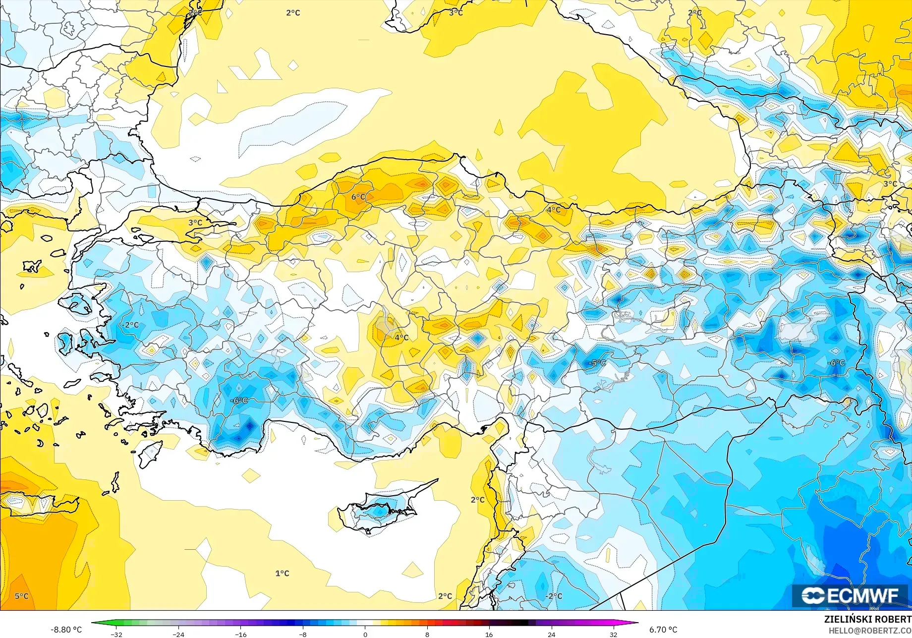 ECMWF IFS 0.25° modelo - Turquía, Anomalía de temperatura a 2 m