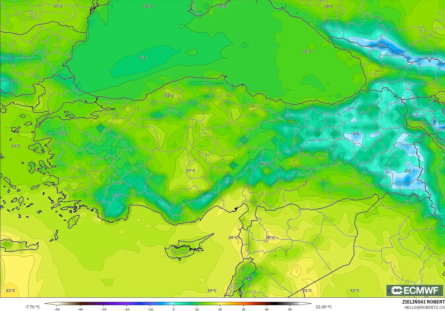 ECMWF IFS 0.25° modelo - Turquía, Temperatura a 2 m