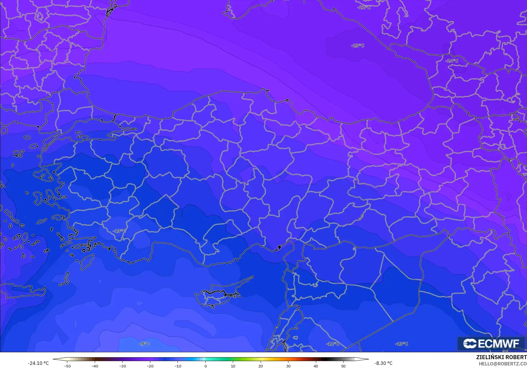 ECMWF IFS 0.25° modelo - Turquía, Temperatura a 500 hPa